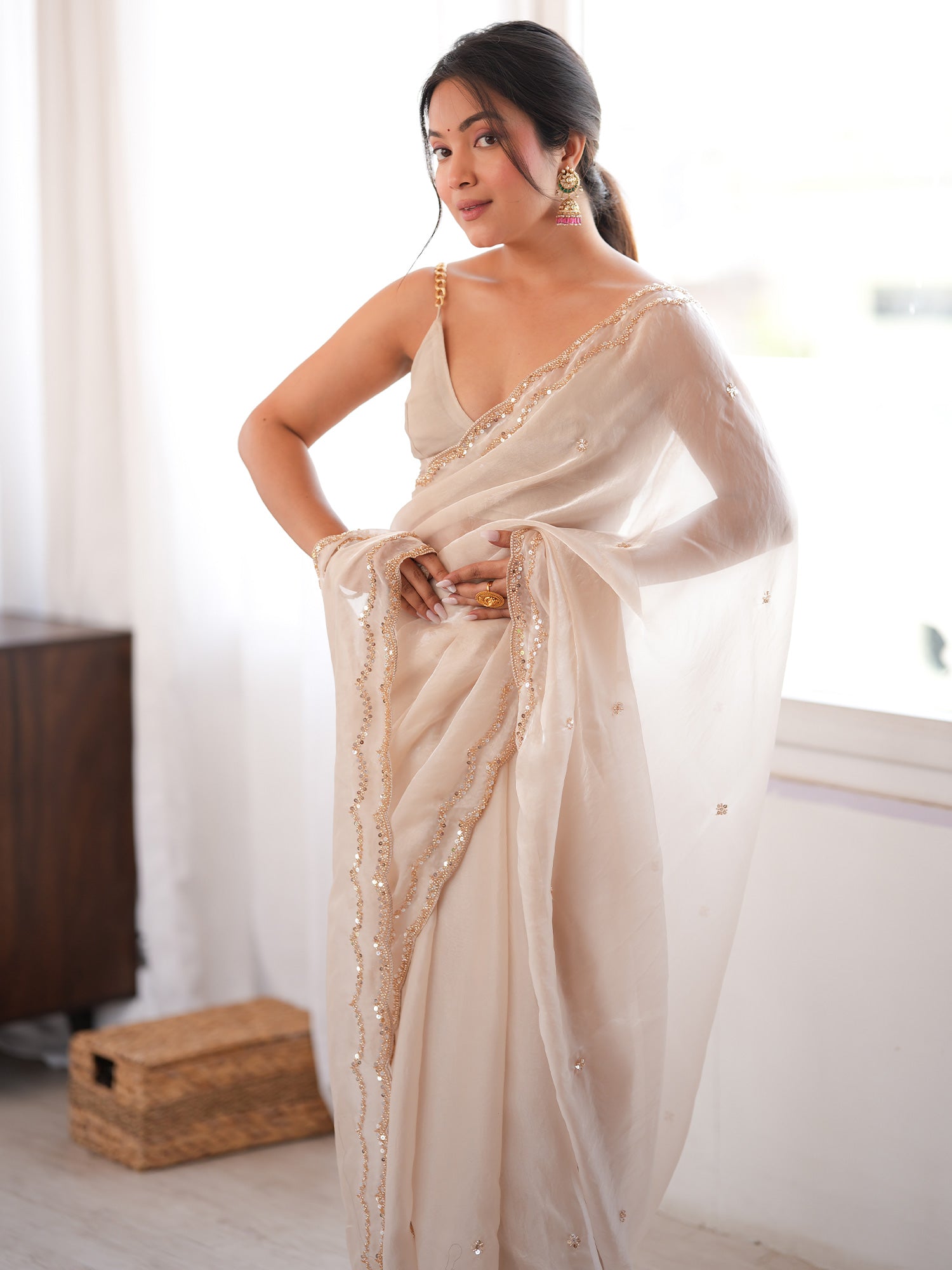 Women's Satin Silk Off White Embellished Designer Saree With Blouse Piece