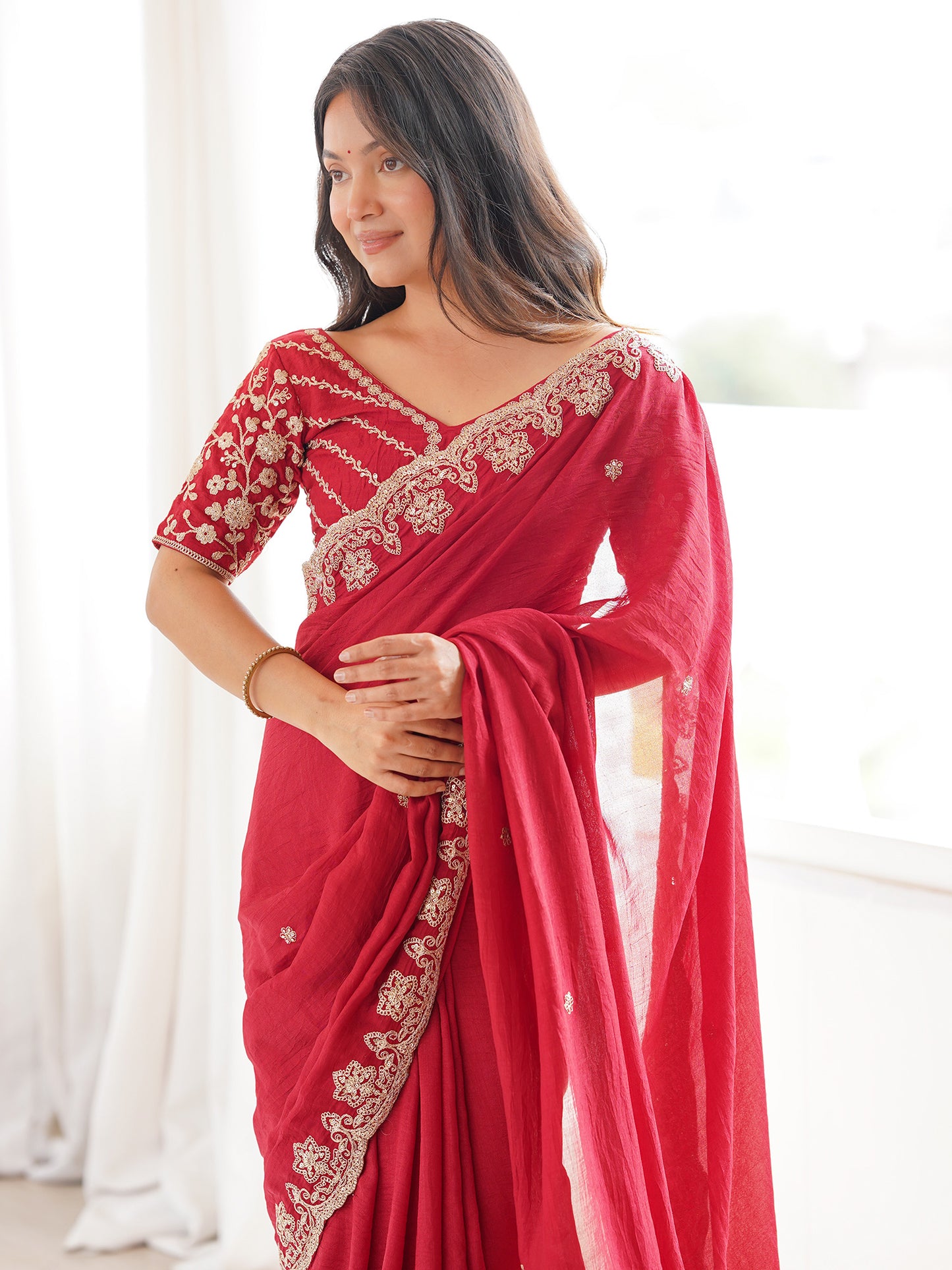 Women's Vichitra Silk Red Embellished Designer Saree With Blouse Piece