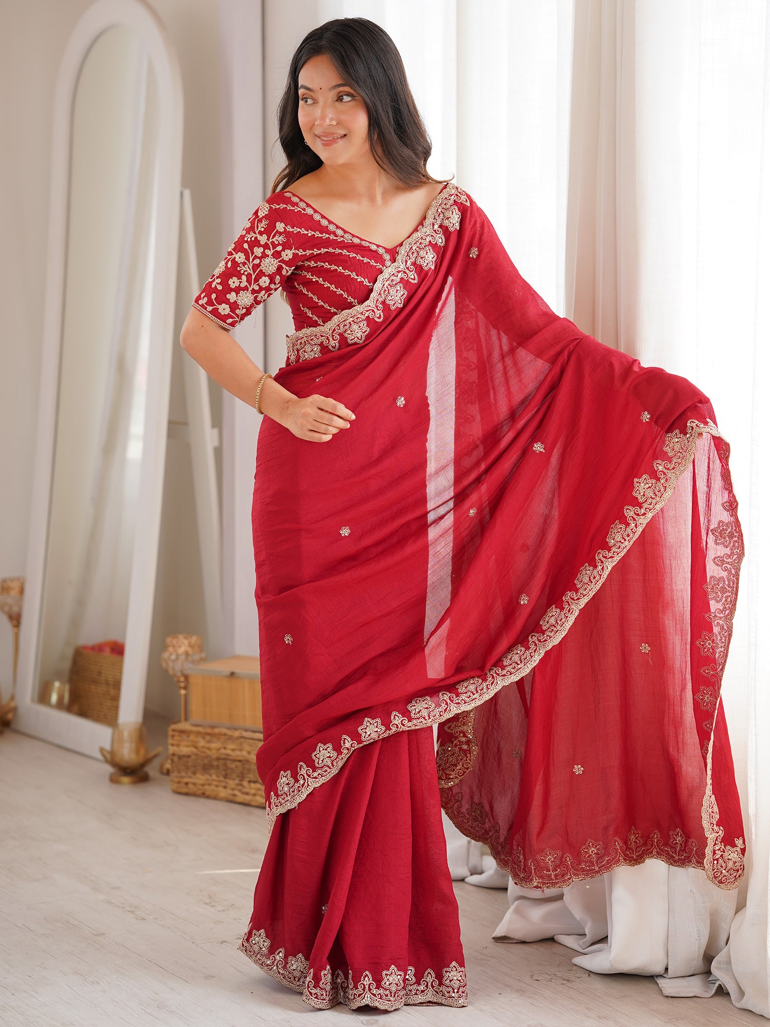 Women's Vichitra Silk Red Embellished Designer Saree With Blouse Piece