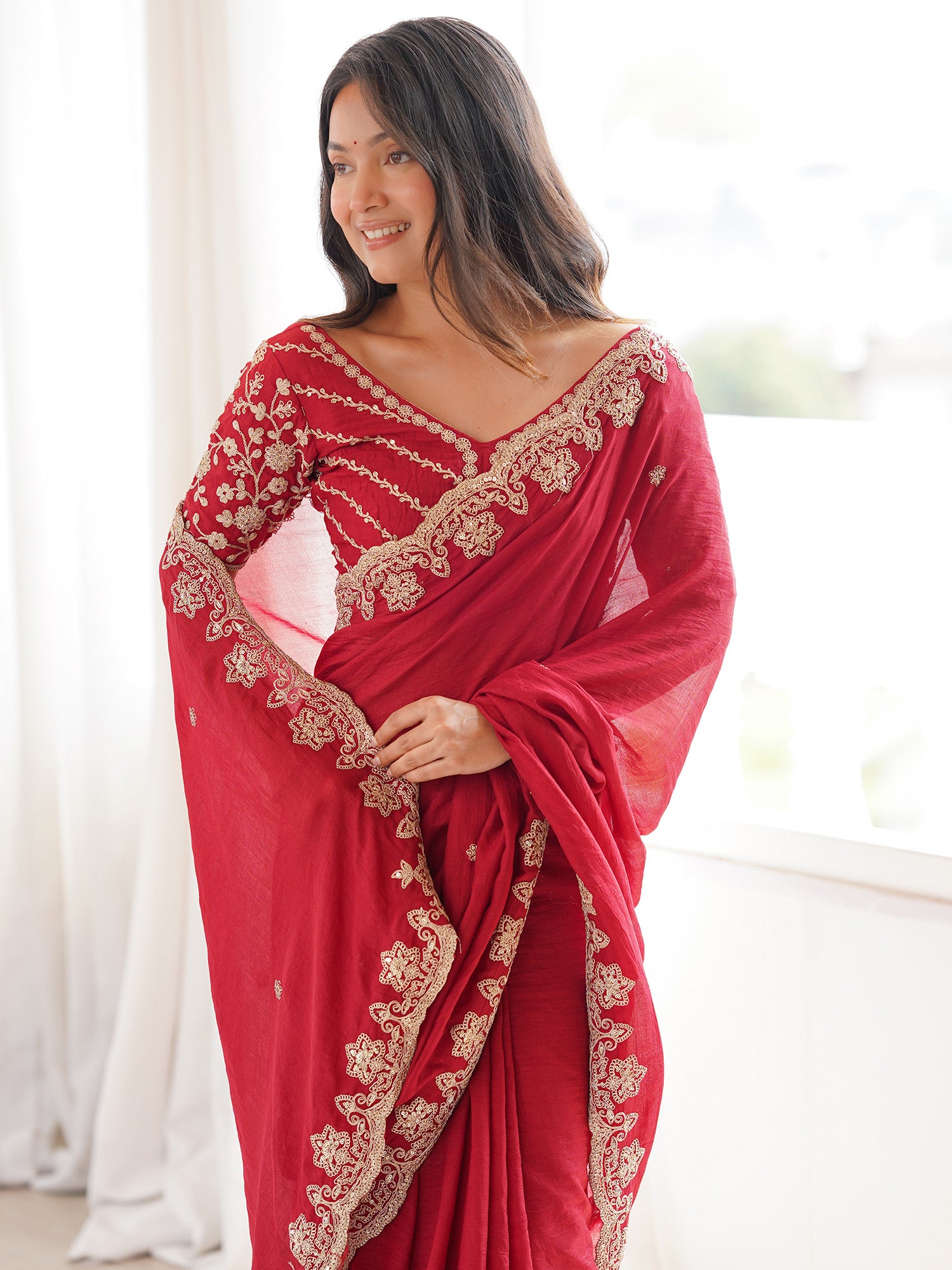 Women's Vichitra Silk Red Embellished Designer Saree With Blouse Piece
