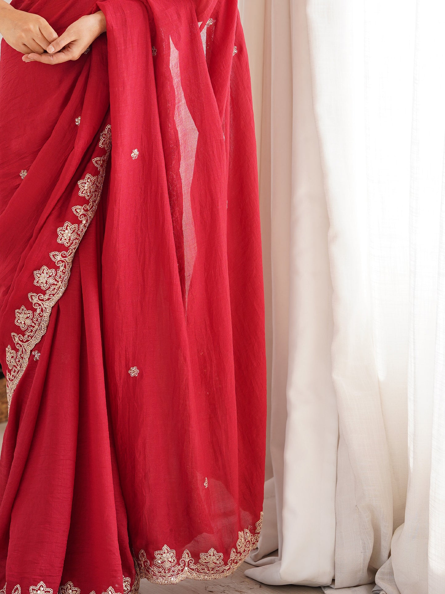 Women's Vichitra Silk Red Embellished Designer Saree With Blouse Piece
