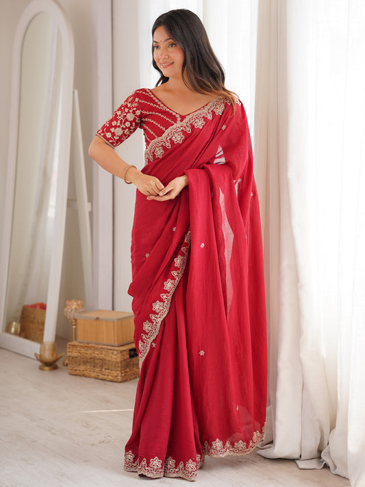 Women's Vichitra Silk Red Embellished Designer Saree With Blouse Piece