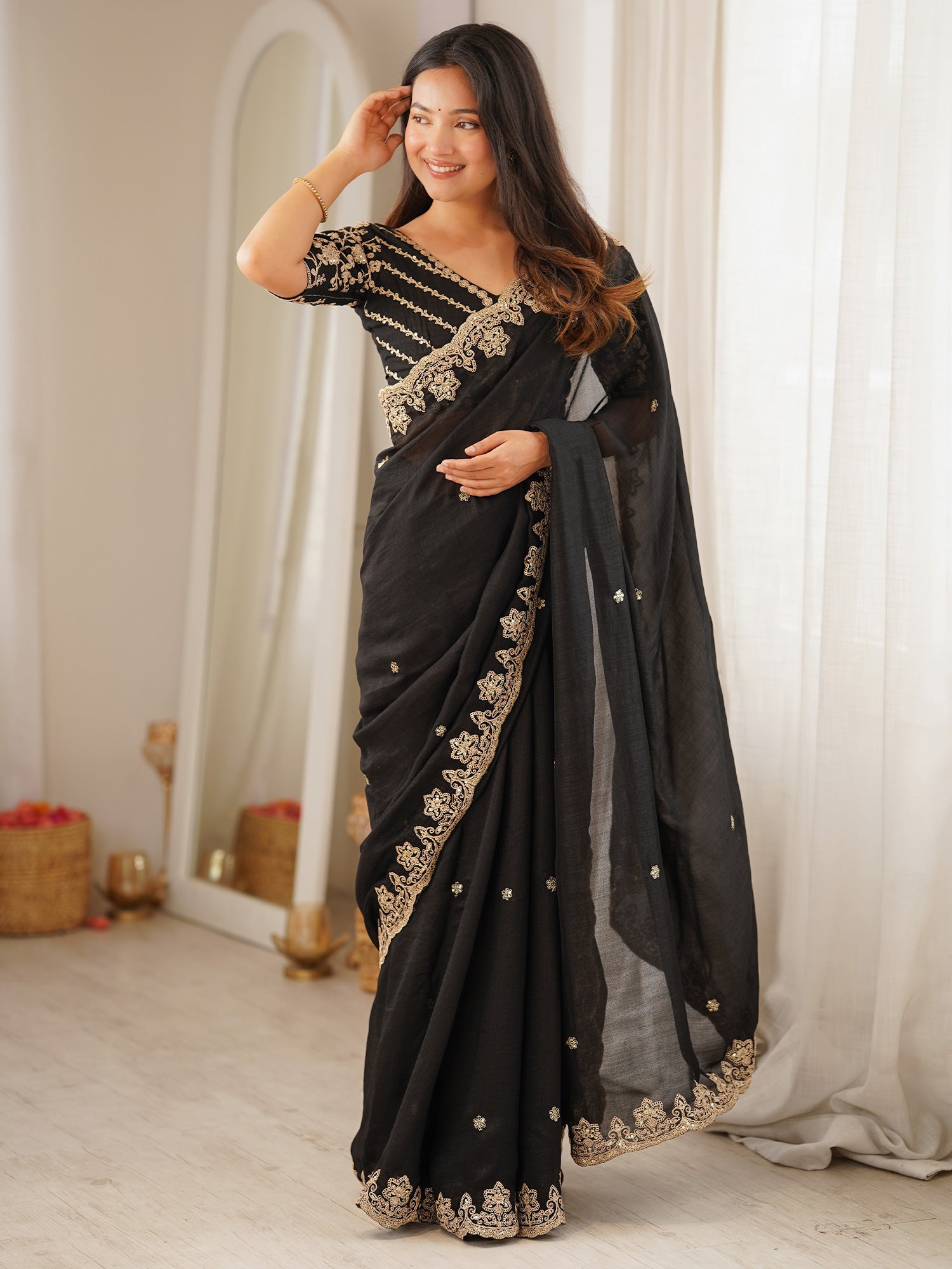 Women's Vichitra Silk Black Embellished Designer Saree With Blouse Piece