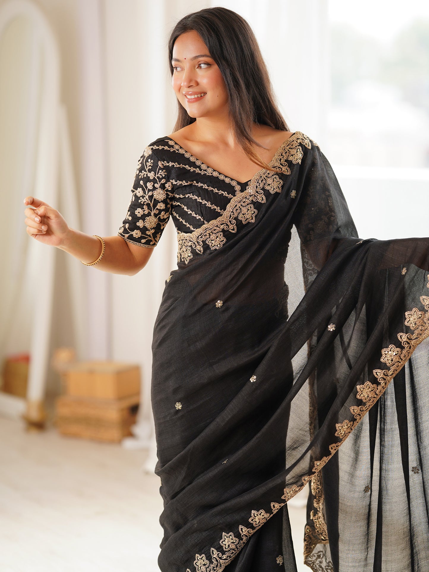 Women's Vichitra Silk Black Embellished Designer Saree With Blouse Piece