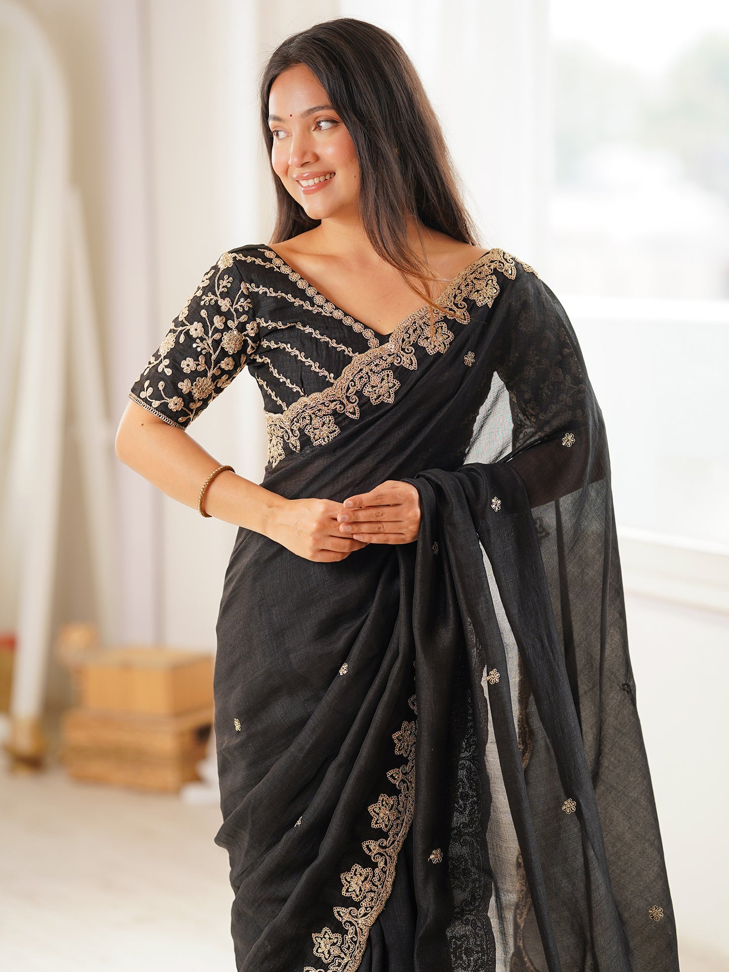 Women's Vichitra Silk Black Embellished Designer Saree With Blouse Piece