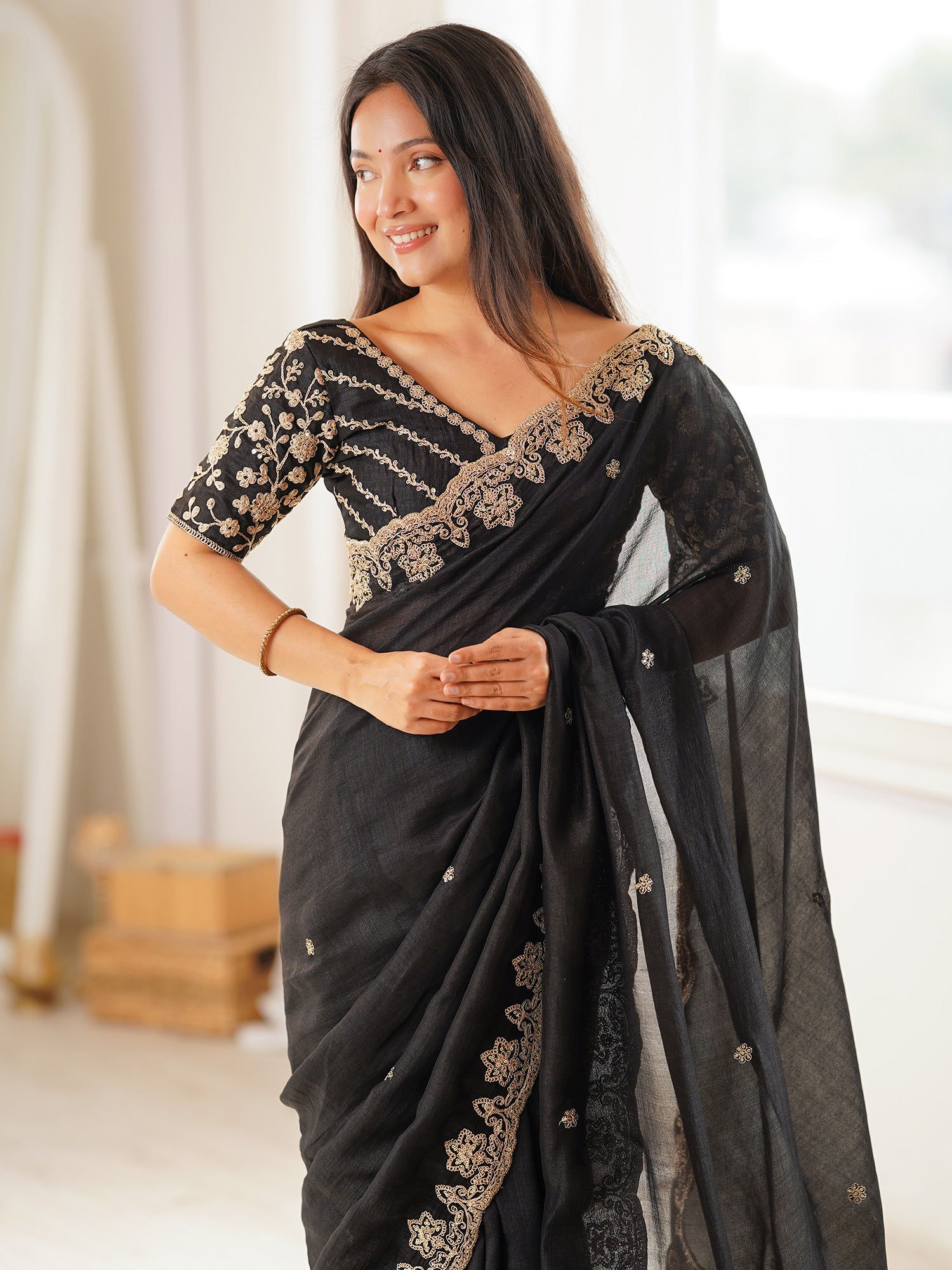 Women's Vichitra Silk Black Embellished Designer Saree With Blouse Piece