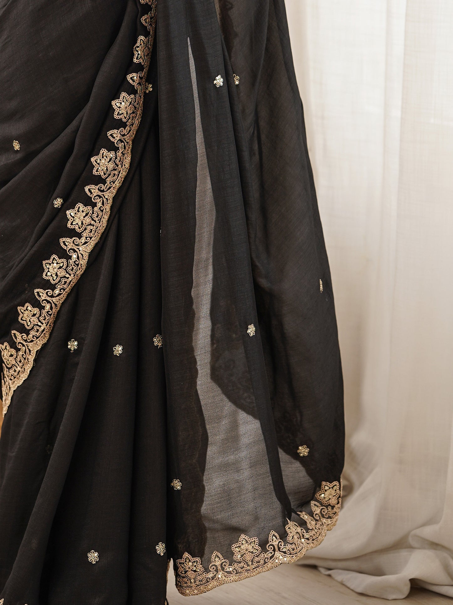 Women's Vichitra Silk Black Embellished Designer Saree With Blouse Piece