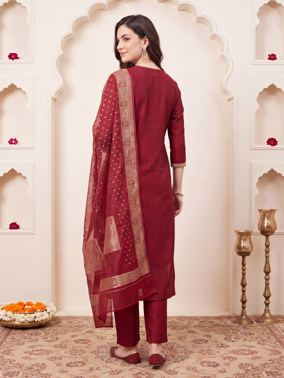 Maroon Solid Straight Kurta Trousers With Dupatta Set-KH1MR13691