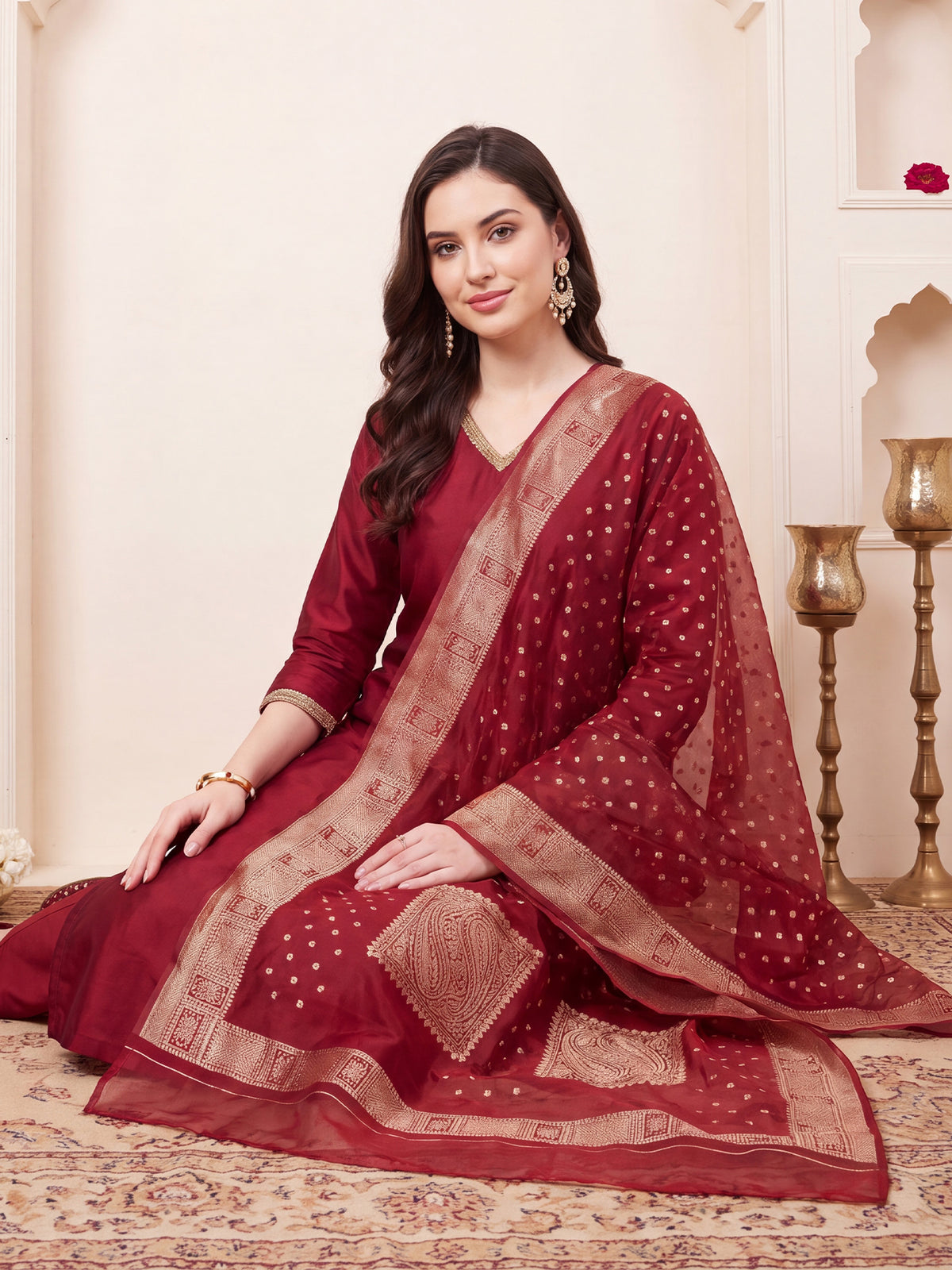 Maroon Solid Straight Kurta Trousers With Dupatta Set-KH1MR13691