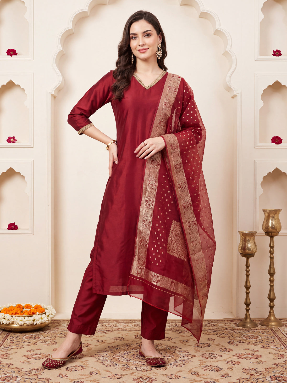 Maroon Solid Straight Kurta Trousers With Dupatta Set-KH1MR13691