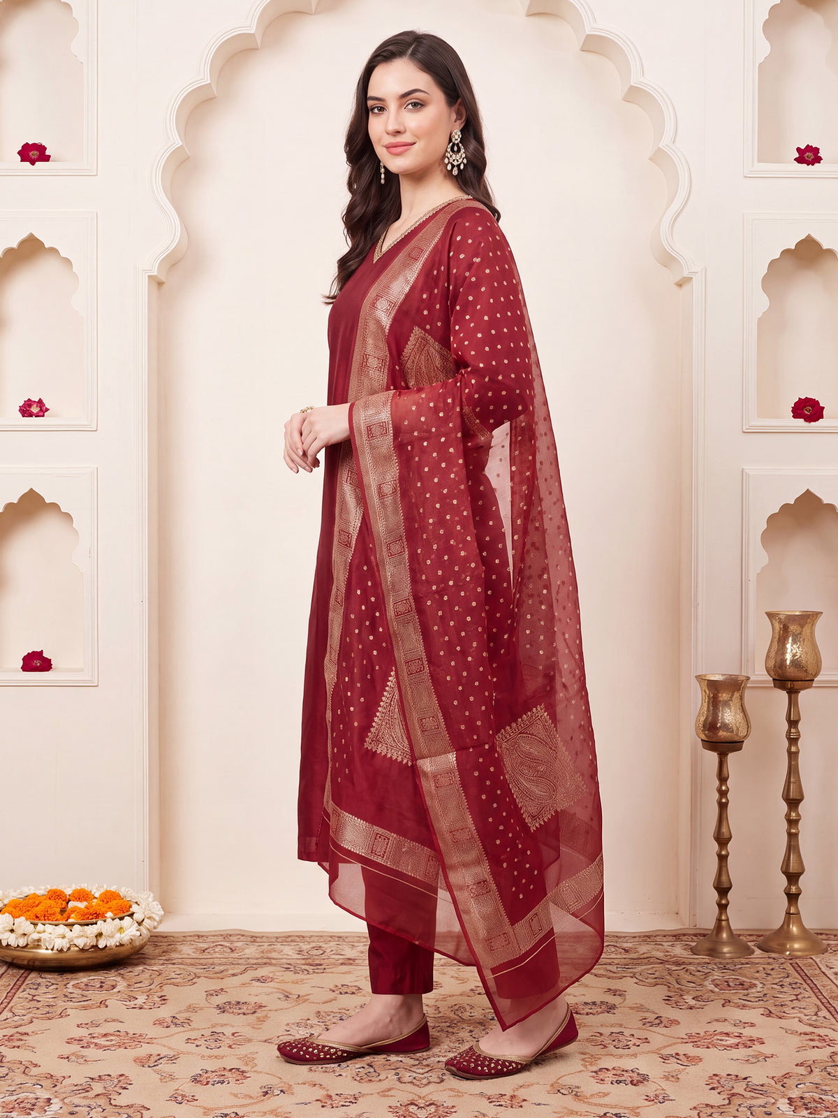 Maroon Solid Straight Kurta Trousers With Dupatta Set-KH1MR13691