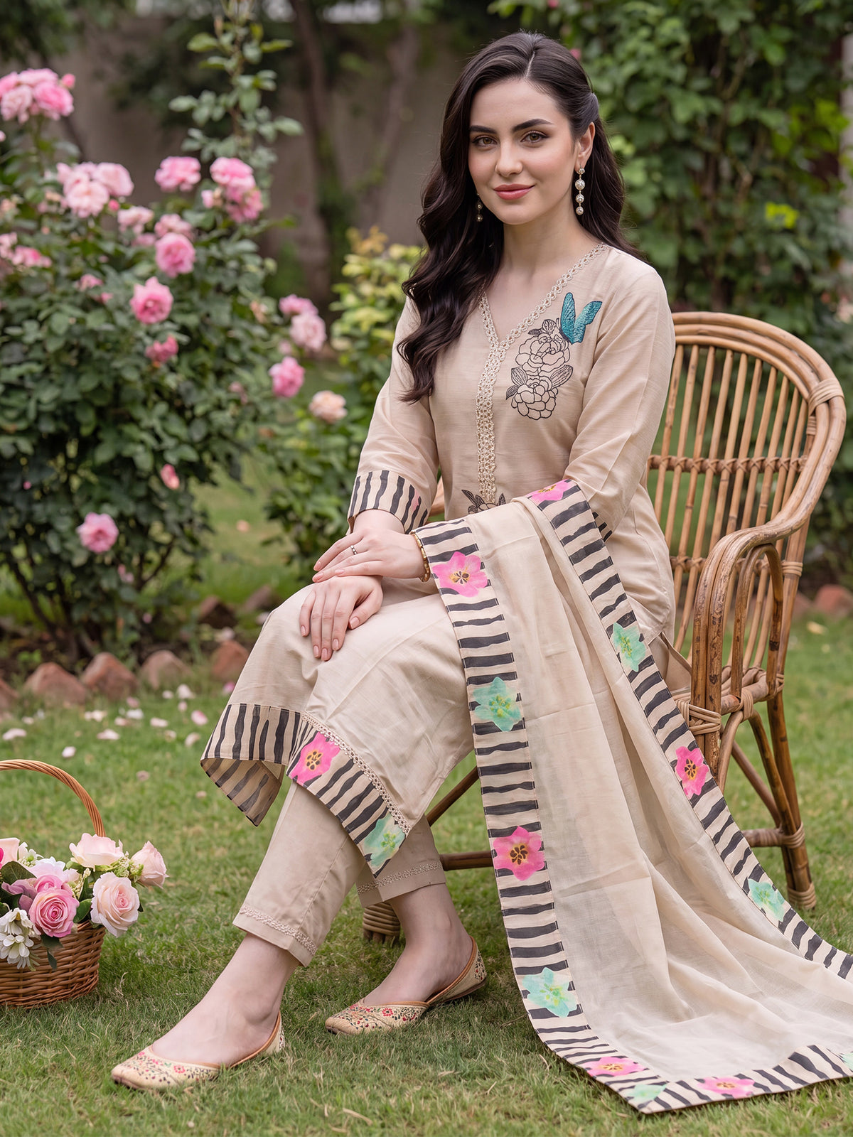 Beige Embroidered Straight Kurta Trousers With Dupatta Set-KH9BG13690