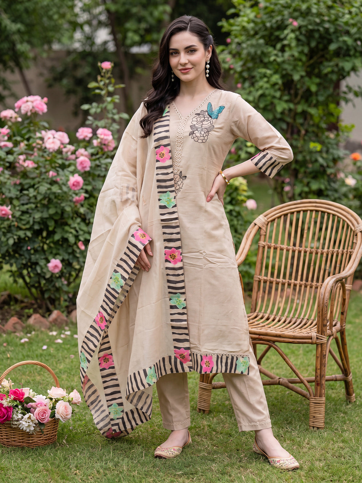 Beige Embroidered Straight Kurta Trousers With Dupatta Set-KH9BG13690