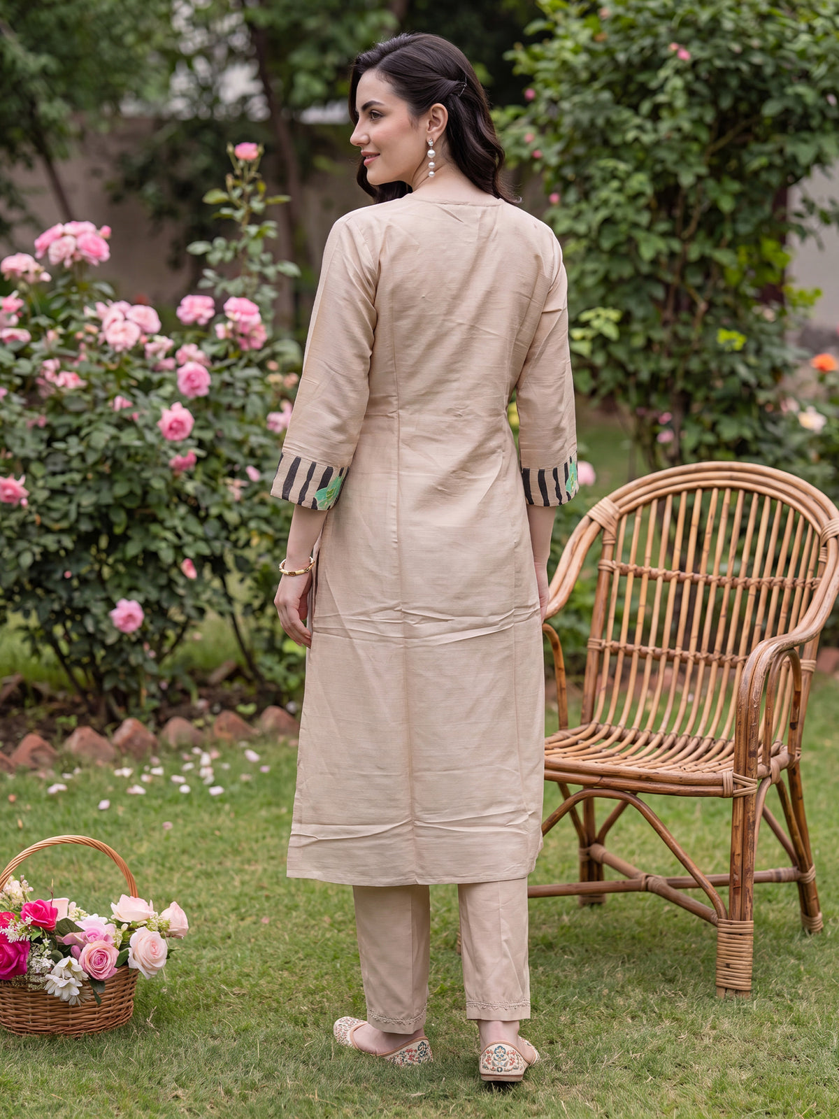 Beige Embroidered Straight Kurta Trousers With Dupatta Set-KH9BG13690