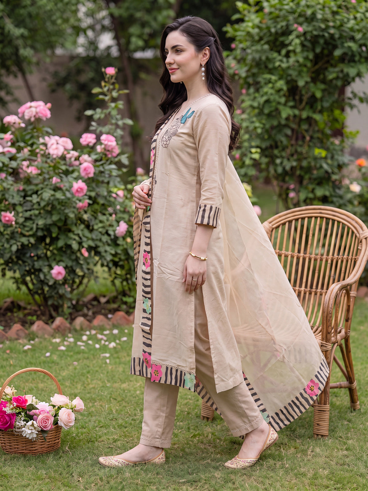 Beige Embroidered Straight Kurta Trousers With Dupatta Set-KH9BG13690