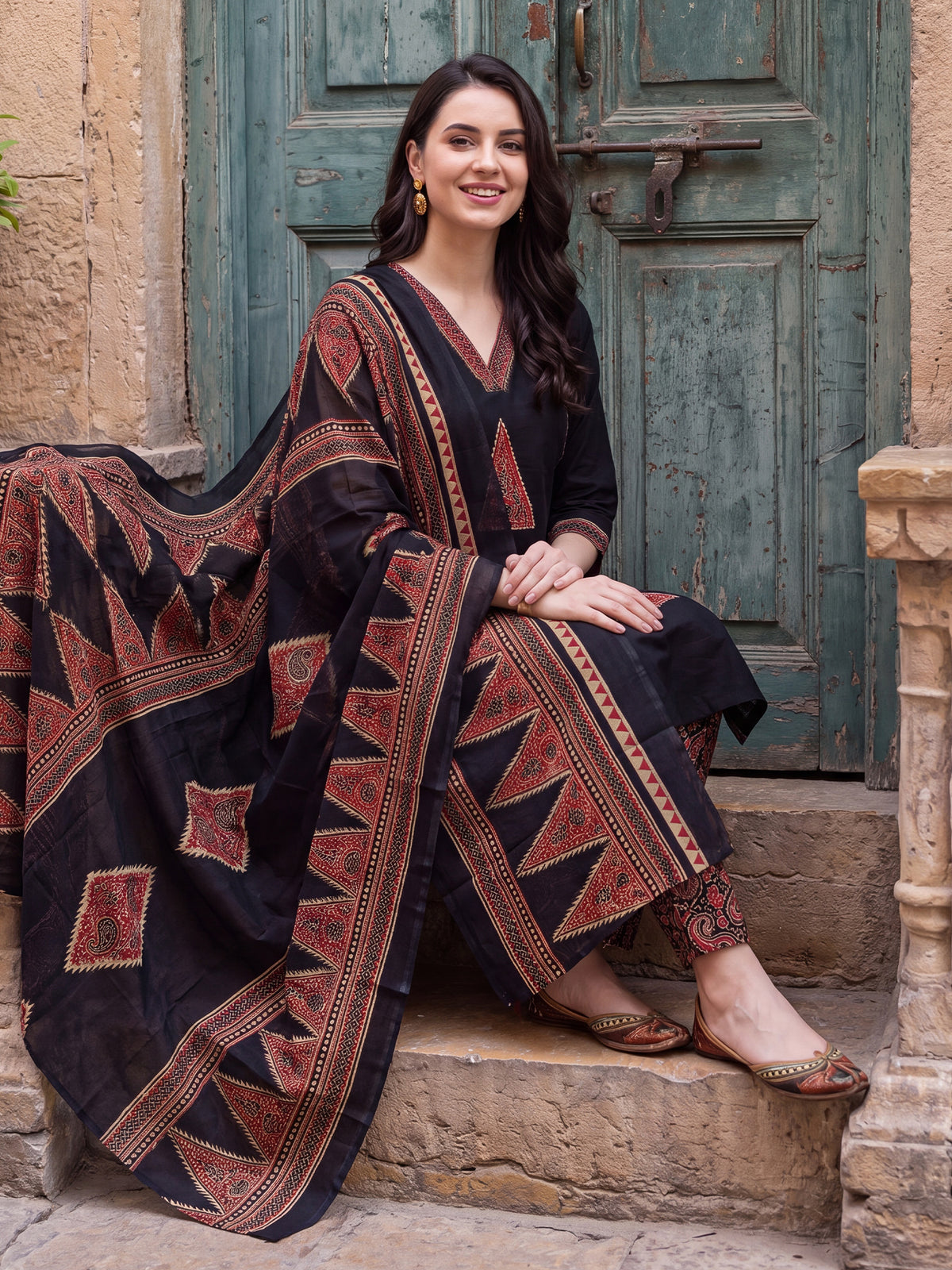 Black Printed Straight Kurta Trousers With Dupatta Set-KH0BK13459