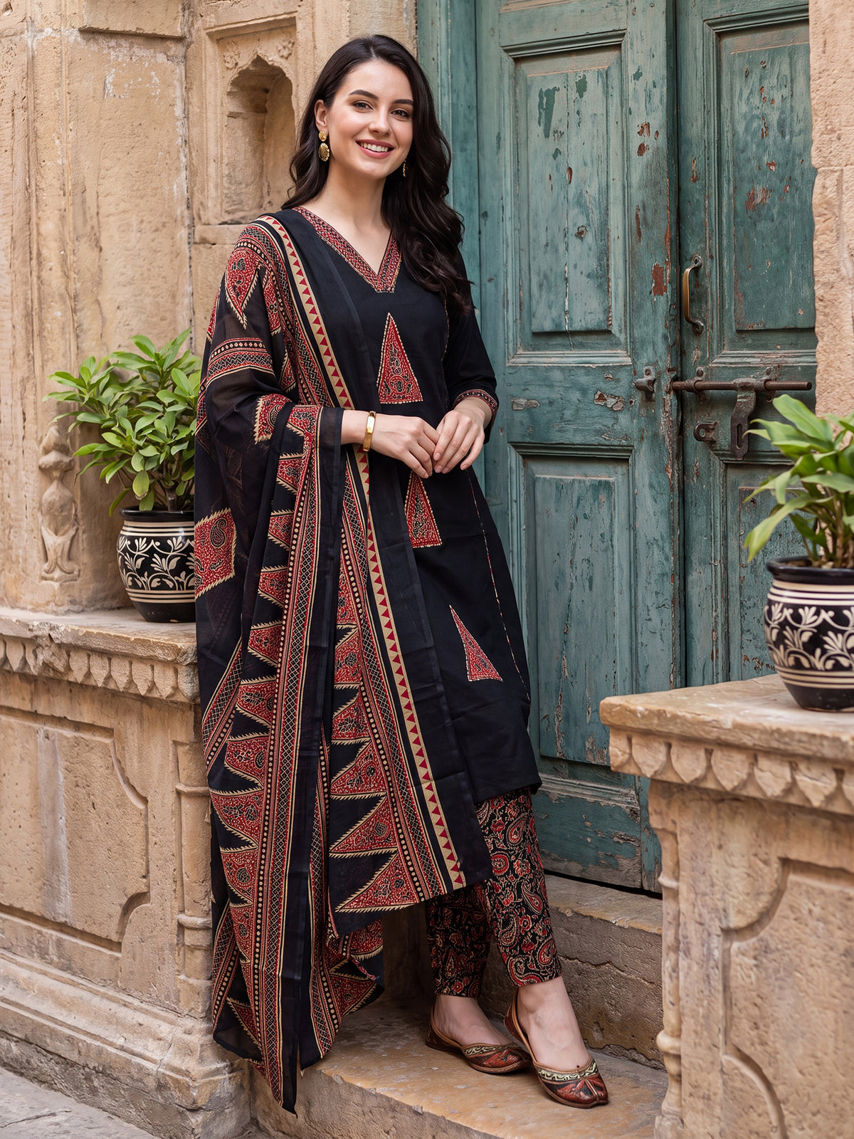 Black Printed Straight Kurta Trousers With Dupatta Set-KH0BK13459