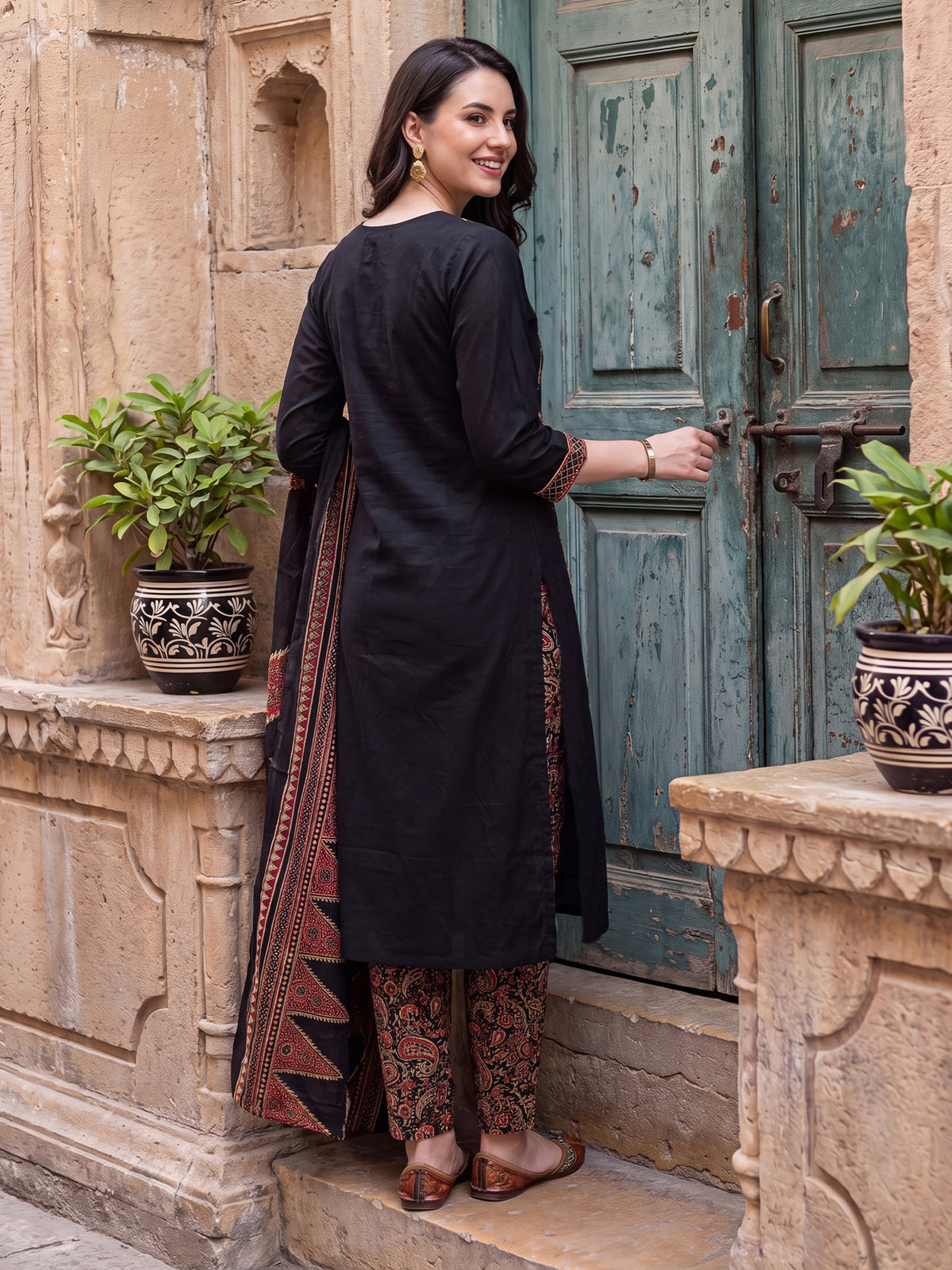Black Printed Straight Kurta Trousers With Dupatta Set-KH0BK13459