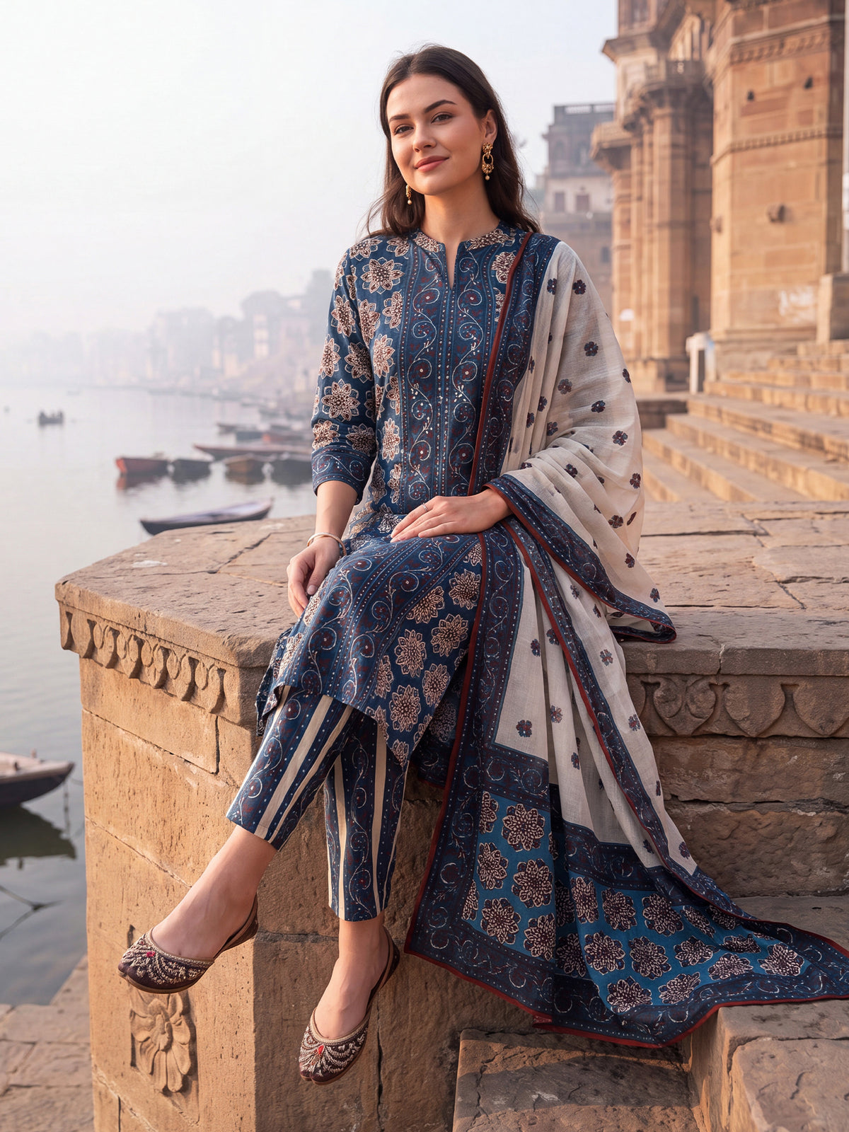 Blue Printed Straight Kurta Trousers With Dupatta Set-KH0BL13439