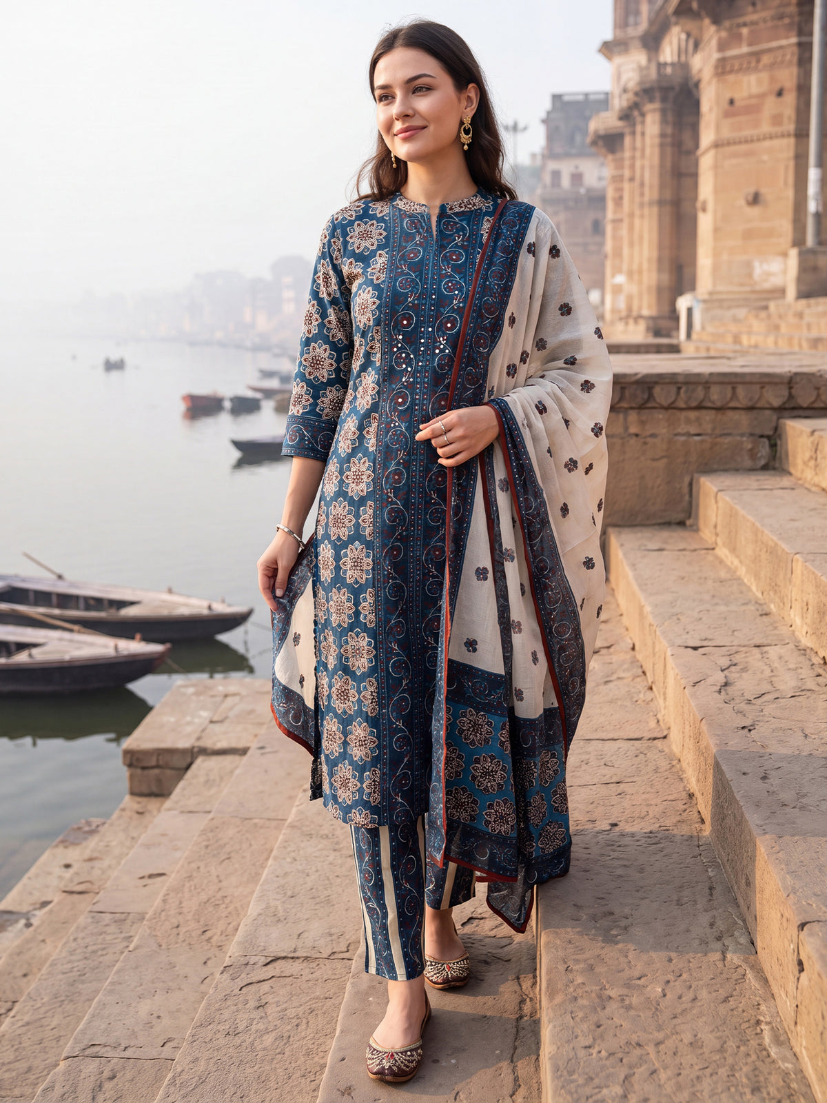Blue Printed Straight Kurta Trousers With Dupatta Set-KH0BL13439