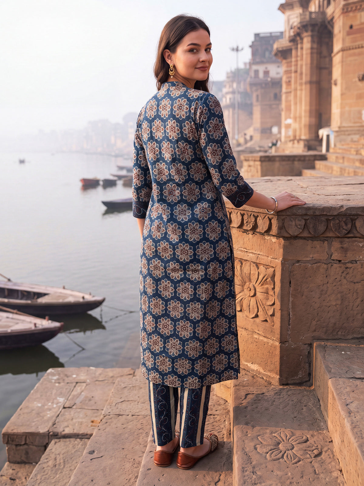 Blue Printed Straight Kurta Trousers With Dupatta Set-KH0BL13439