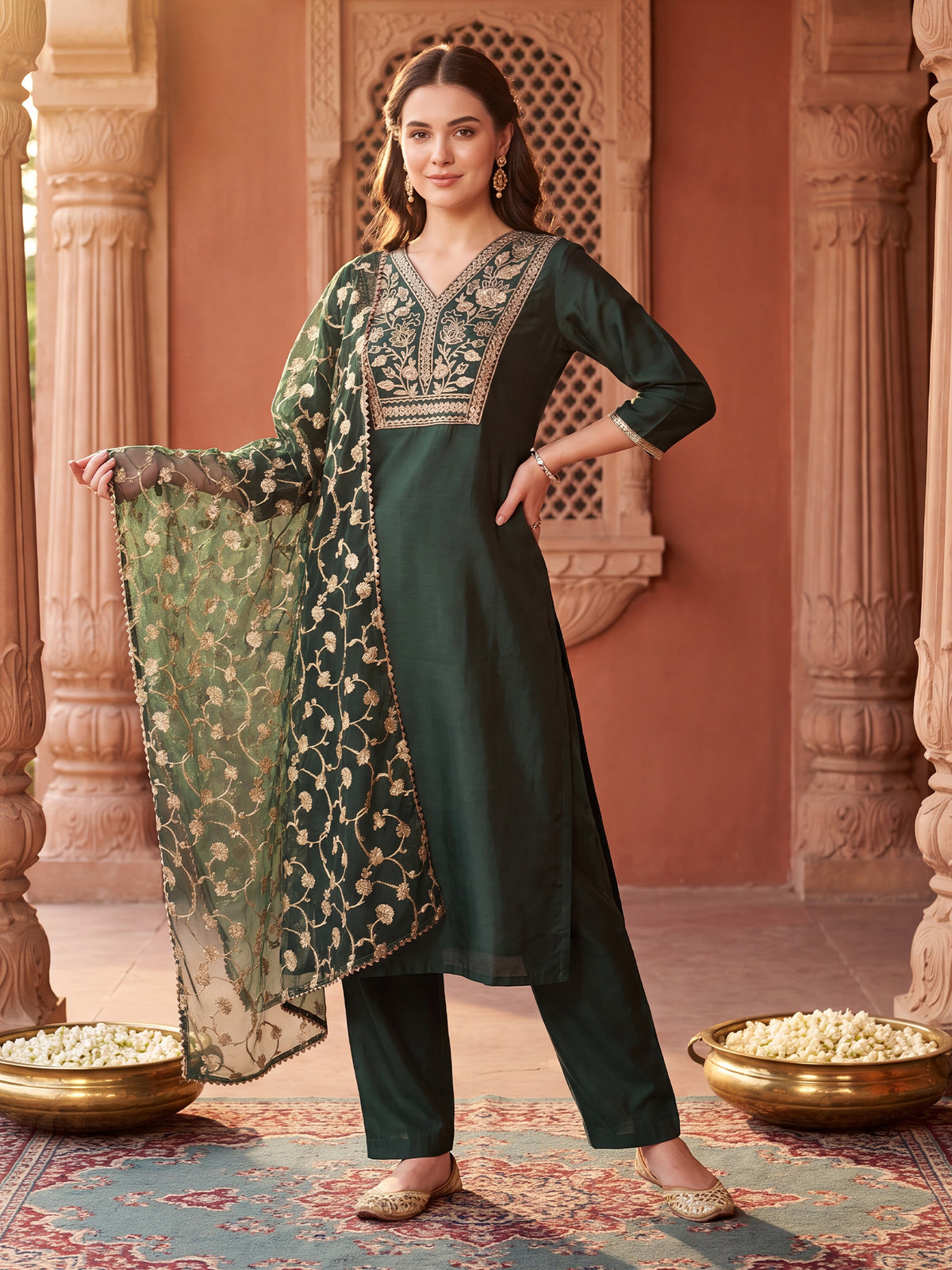 Green Embroidered Straight Kurta Trousers With Dupatta Set-BB1KH576