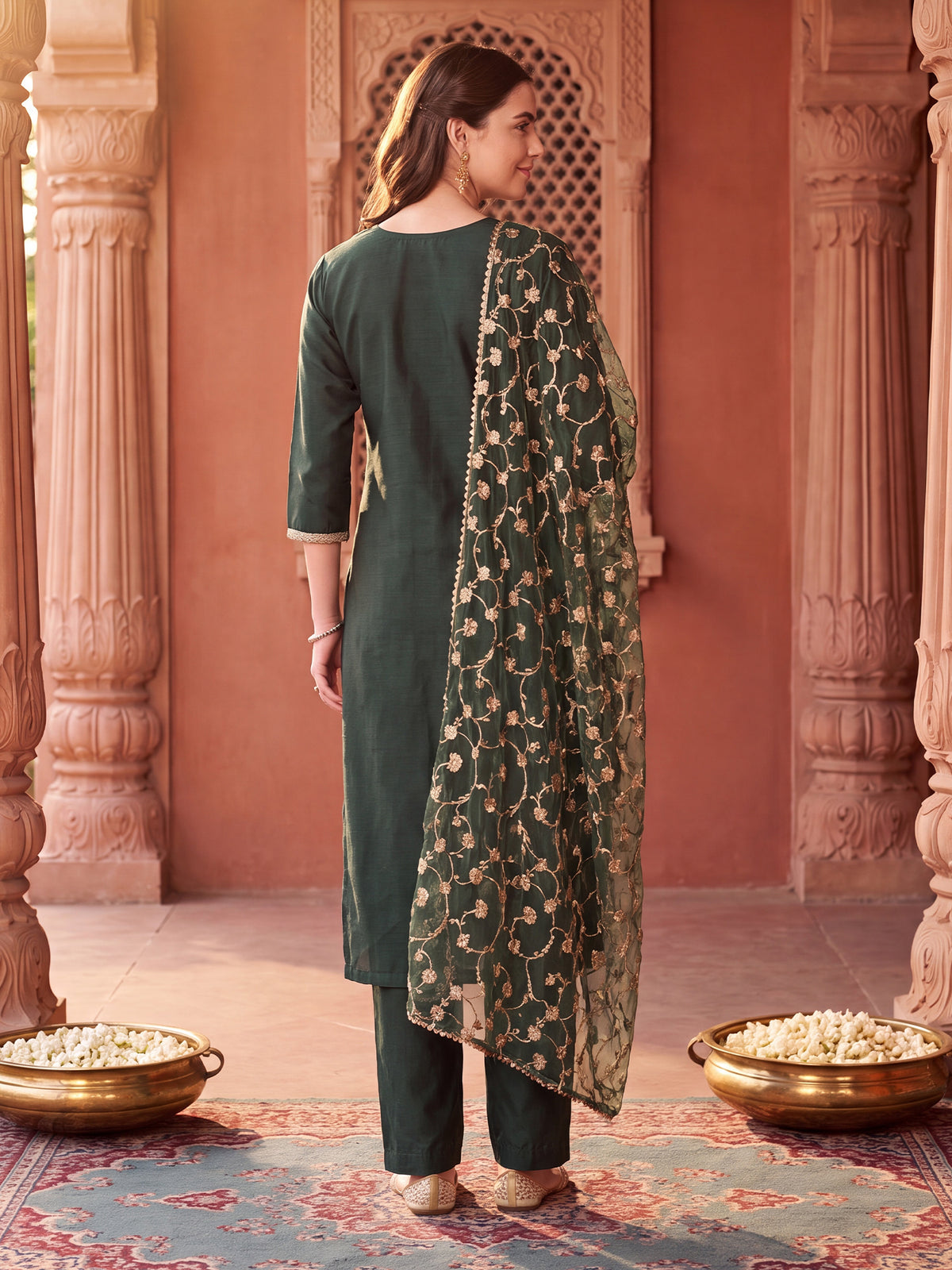 Green Embroidered Straight Kurta Trousers With Dupatta Set-BB1KH576