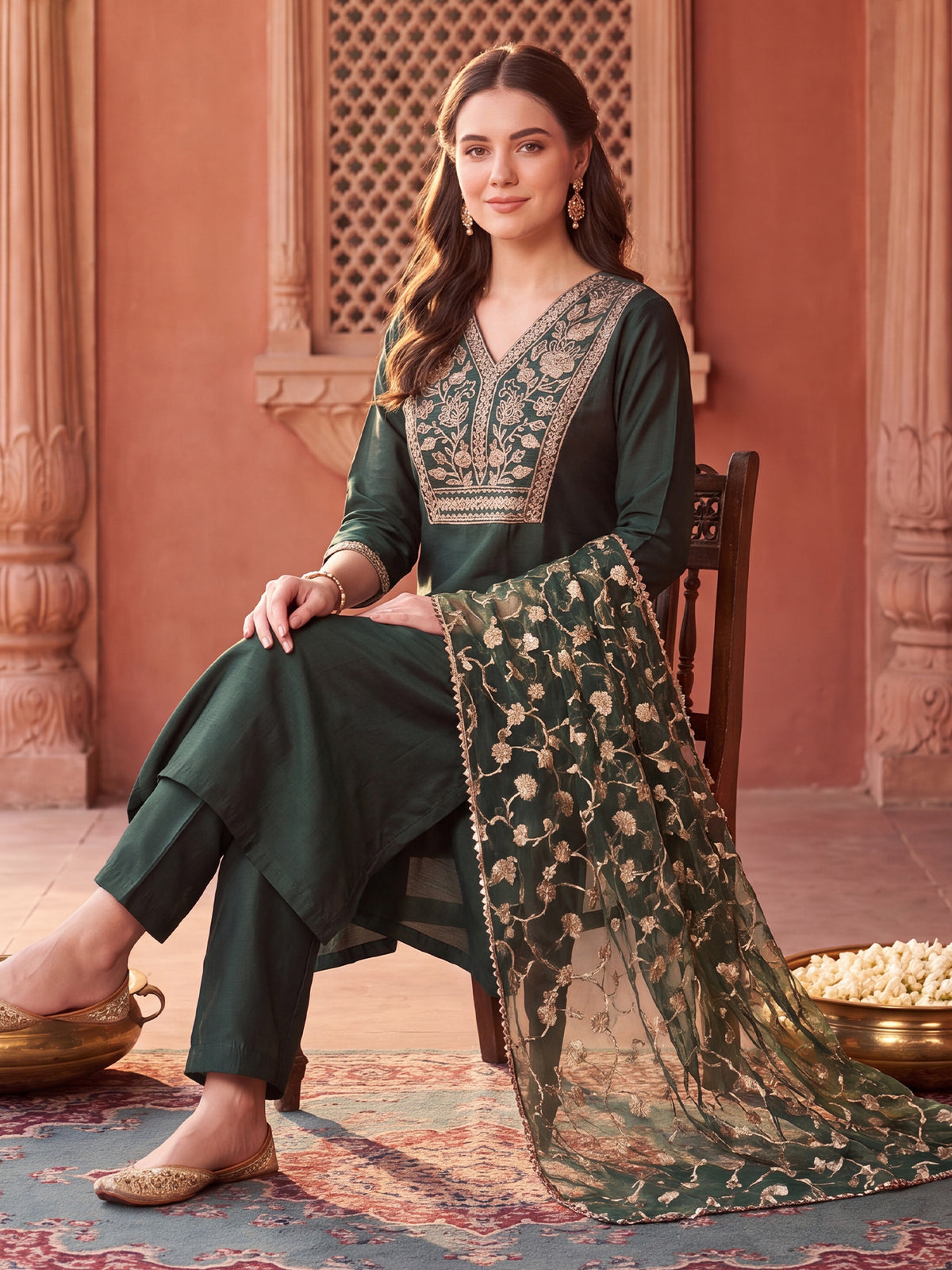 Green Embroidered Straight Kurta Trousers With Dupatta Set-BB1KH576