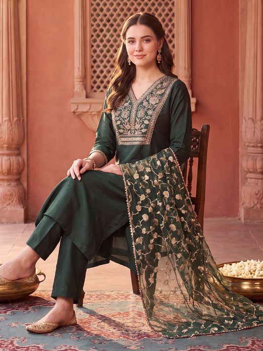 Green Embroidered Straight Kurta Trousers With Dupatta Set-BB1KH576