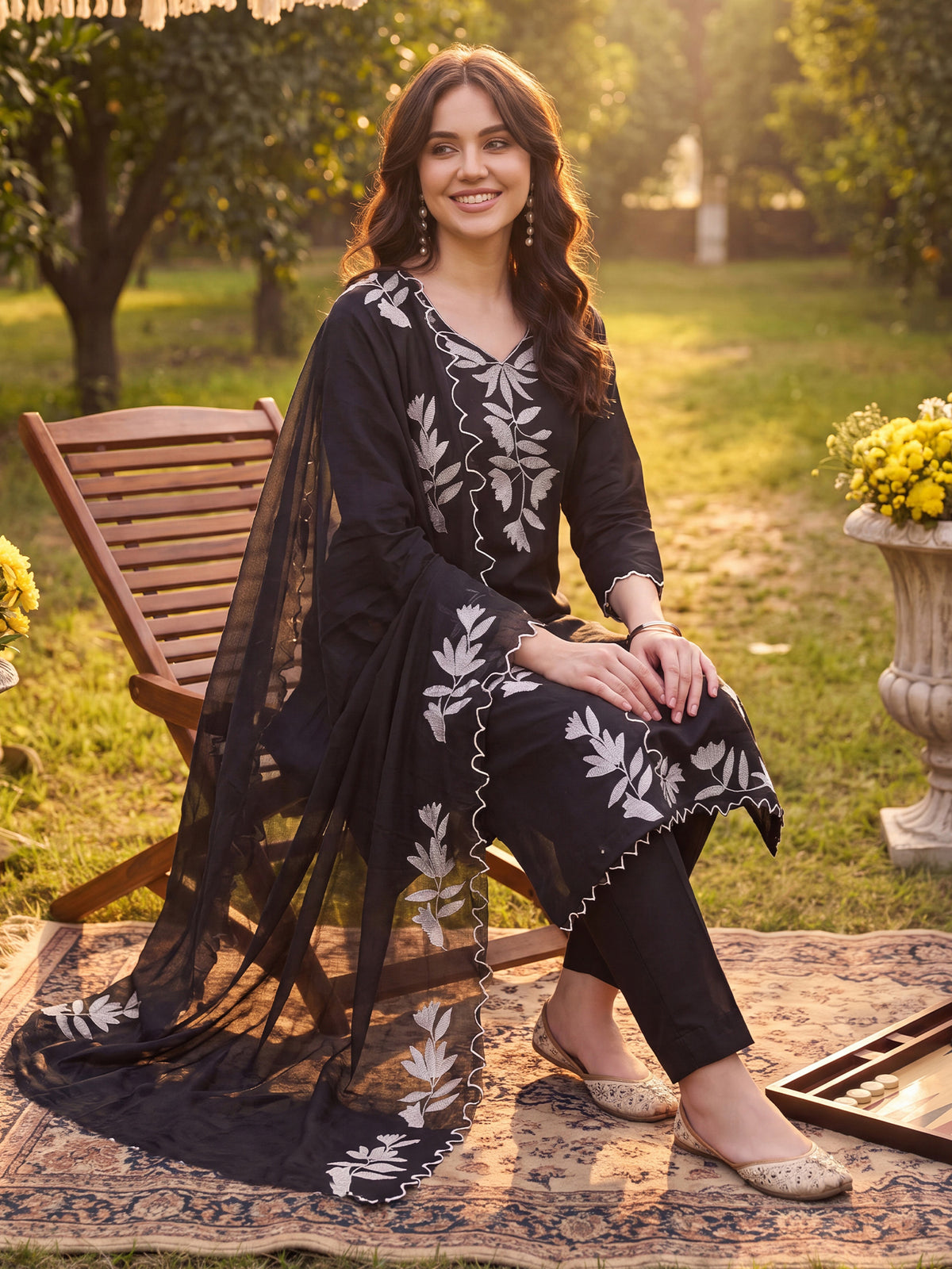 Black Embroidered Straight Kurta Trousers With Dupatta Set-BB9KH501