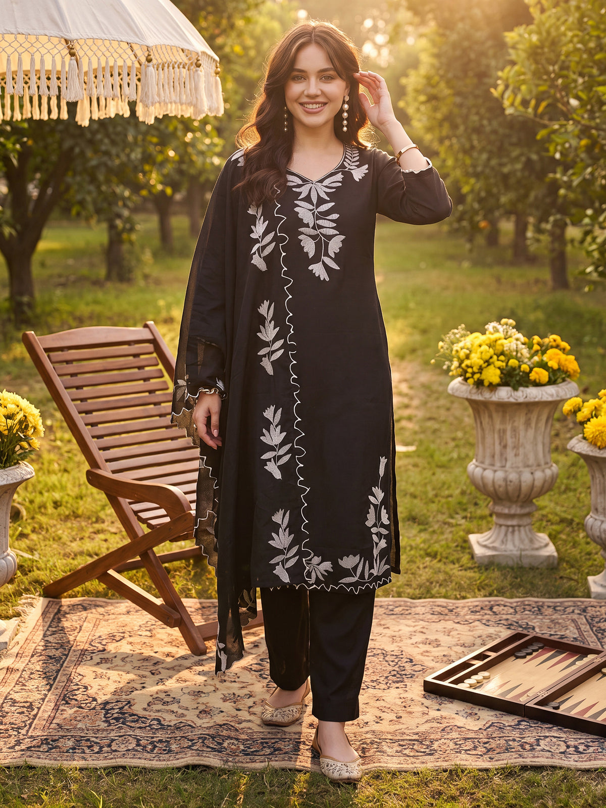 Black Embroidered Straight Kurta Trousers With Dupatta Set-BB9KH501