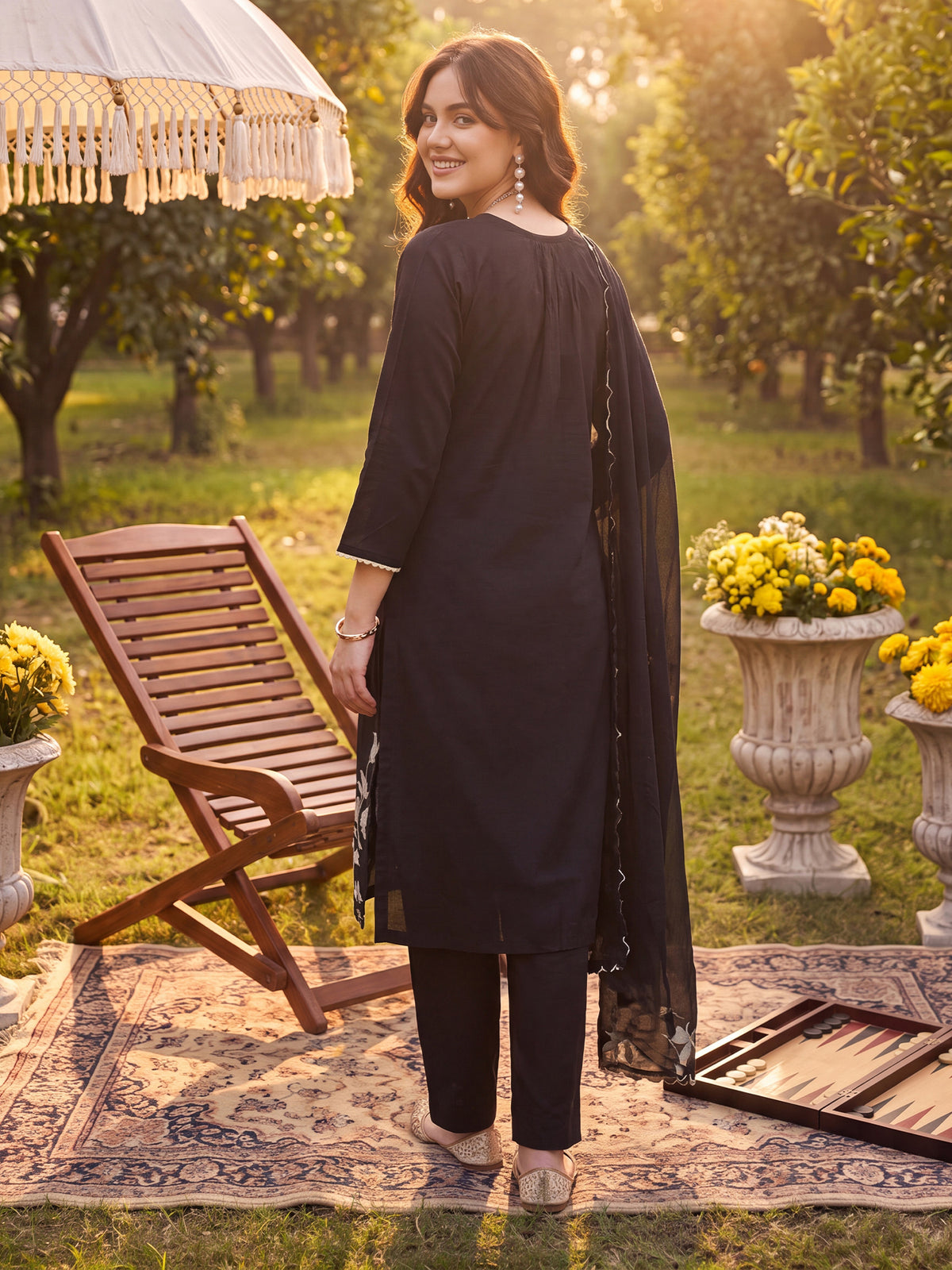 Black Embroidered Straight Kurta Trousers With Dupatta Set-BB9KH501