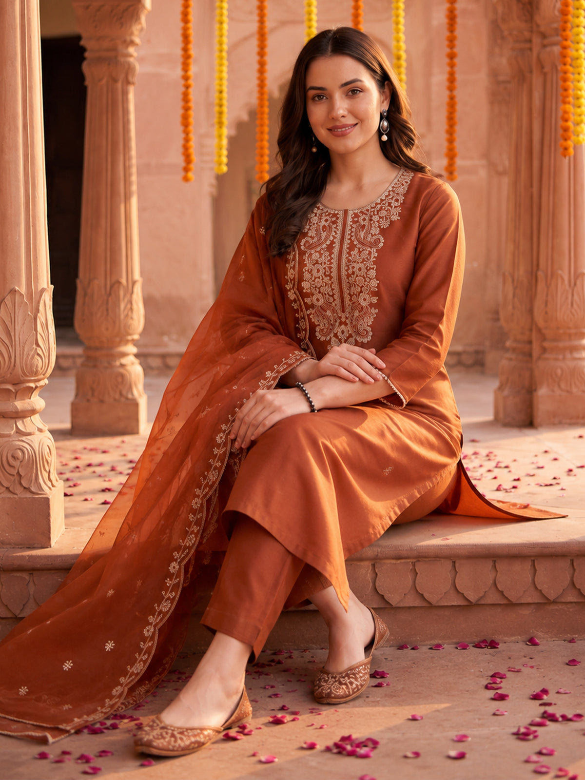 Rust Embroidered Straight Kurta Trousers With Dupatta Set-BB1KH578