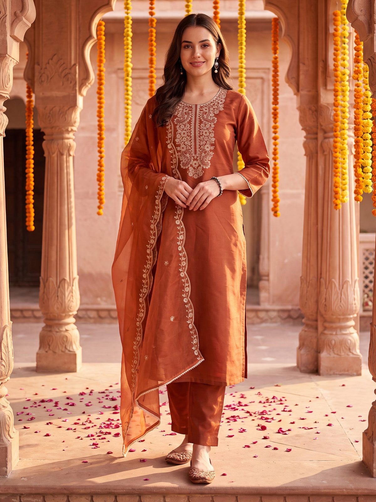 Rust Embroidered Straight Kurta Trousers With Dupatta Set-BB1KH578