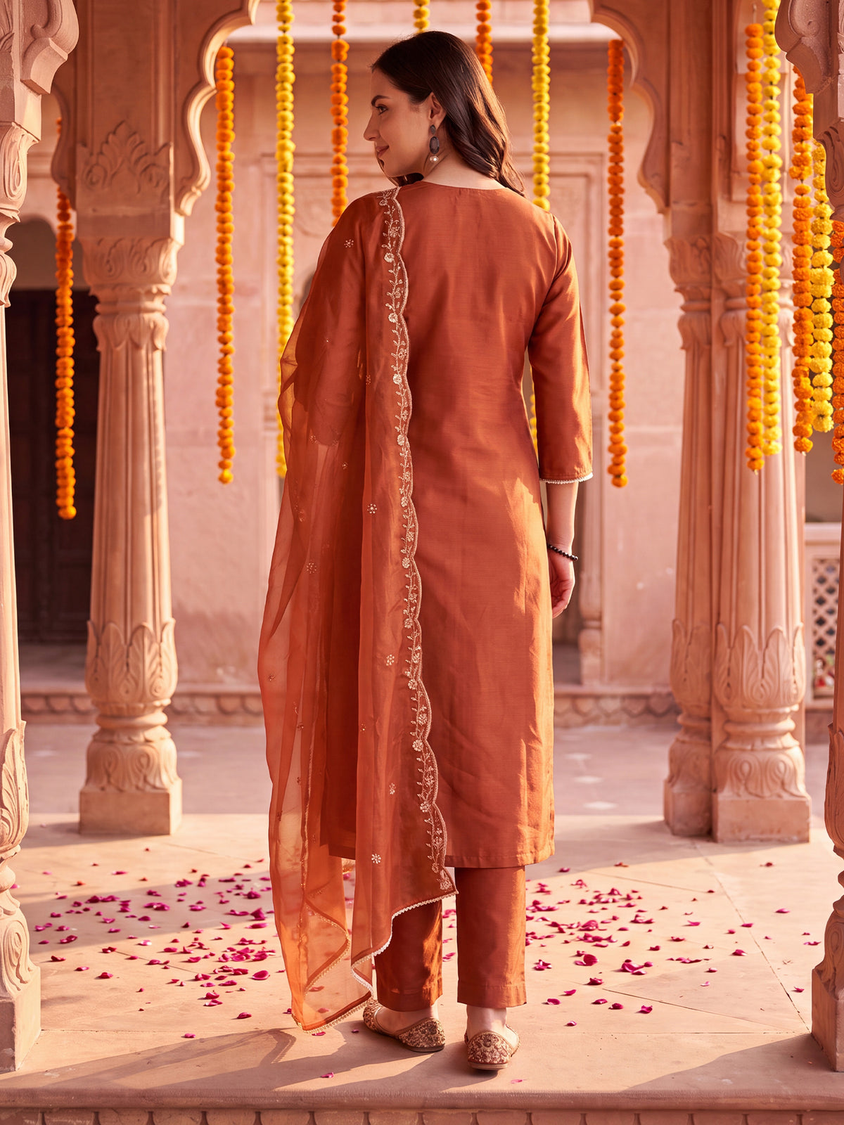 Rust Embroidered Straight Kurta Trousers With Dupatta Set-BB1KH578