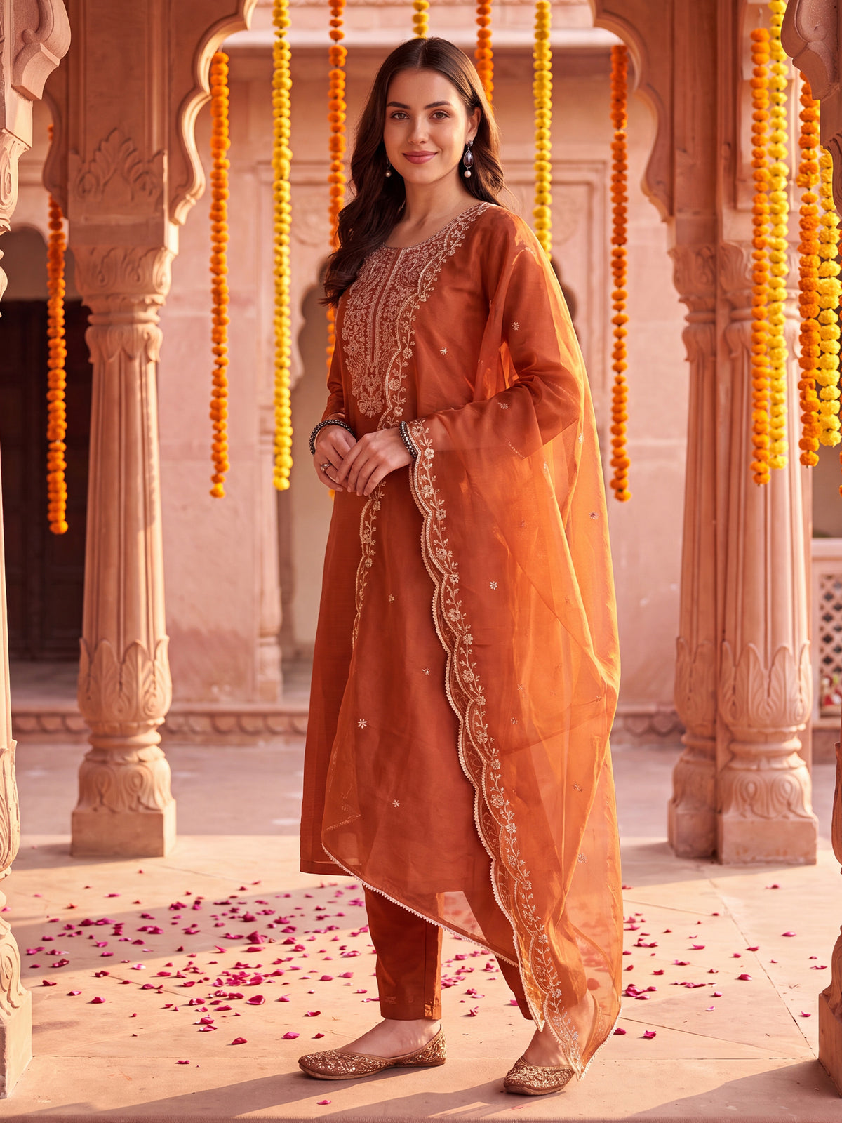 Rust Embroidered Straight Kurta Trousers With Dupatta Set-BB1KH578