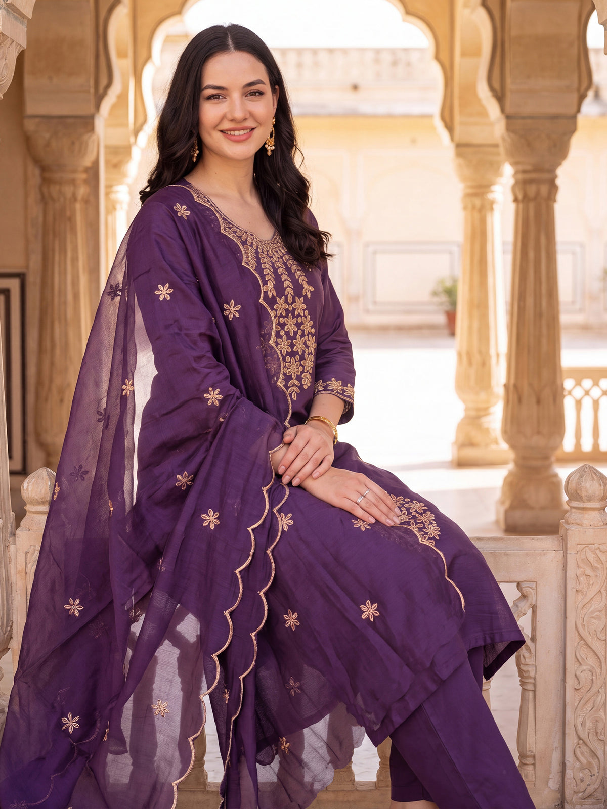 Purple Embroidered Straight Kurta Trousers With Dupatta Set-DD9KH558