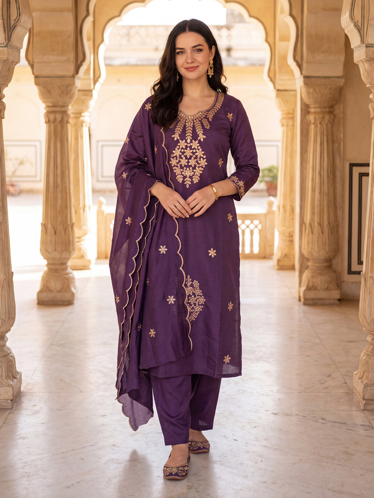 Purple Embroidered Straight Kurta Trousers With Dupatta Set-DD9KH558