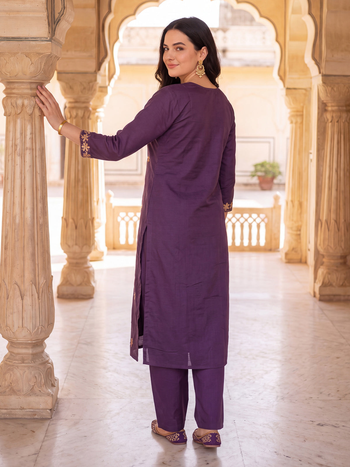 Purple Embroidered Straight Kurta Trousers With Dupatta Set-DD9KH558