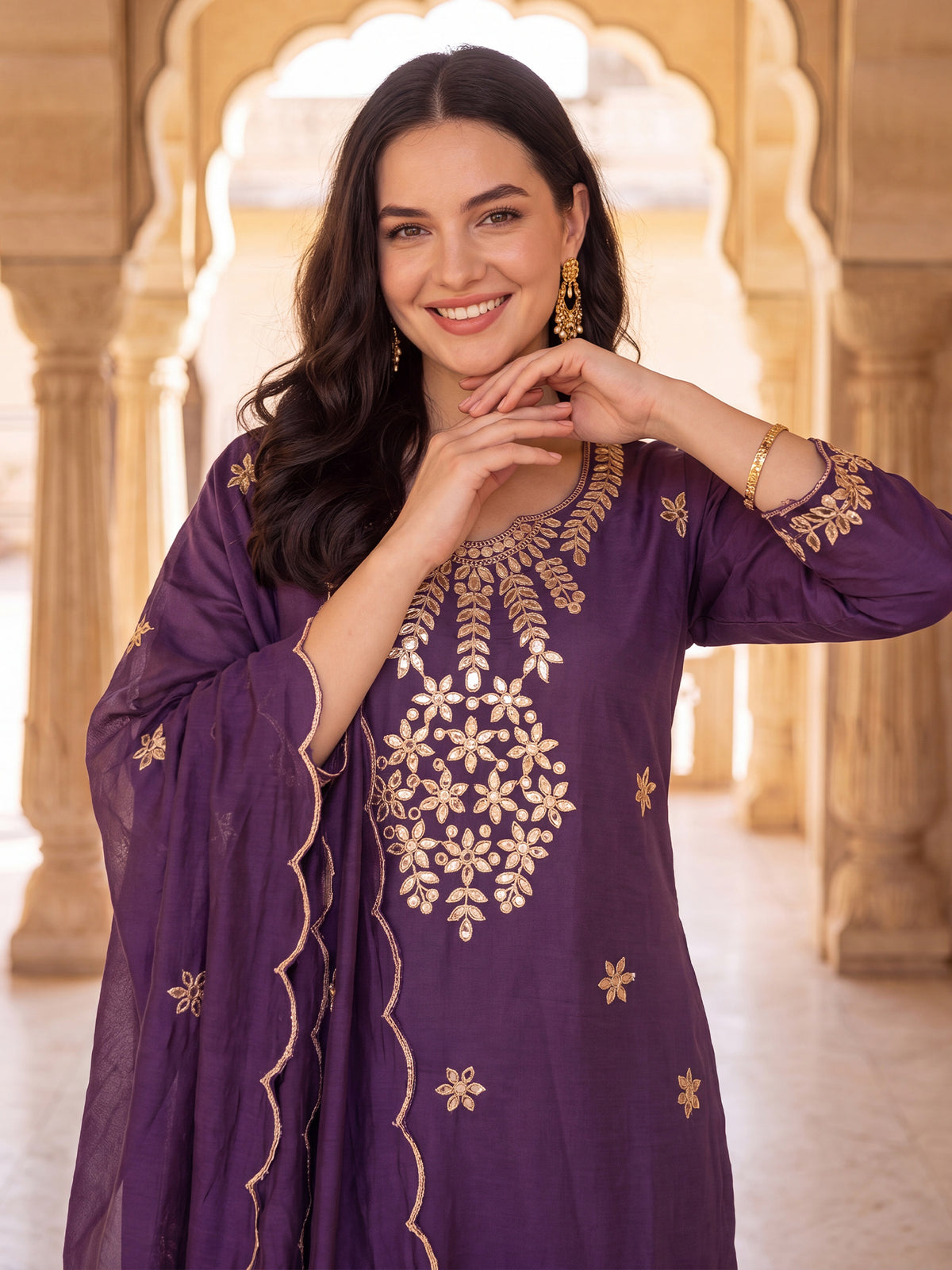 Purple Embroidered Straight Kurta Trousers With Dupatta Set-DD9KH558