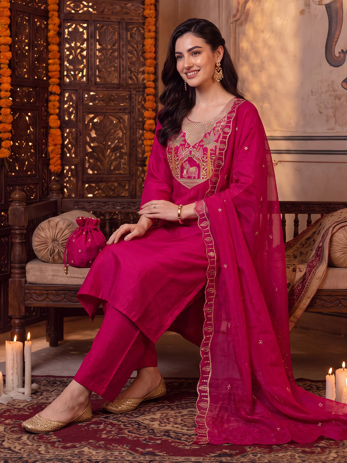 Pink Embroidered Straight Kurta Trousers With Dupatta Set-BB9KH603