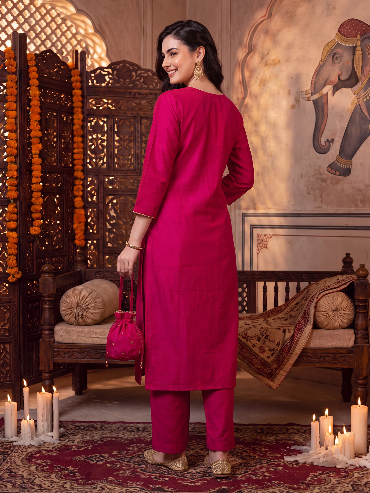 Pink Embroidered Straight Kurta Trousers With Dupatta Set-BB9KH603