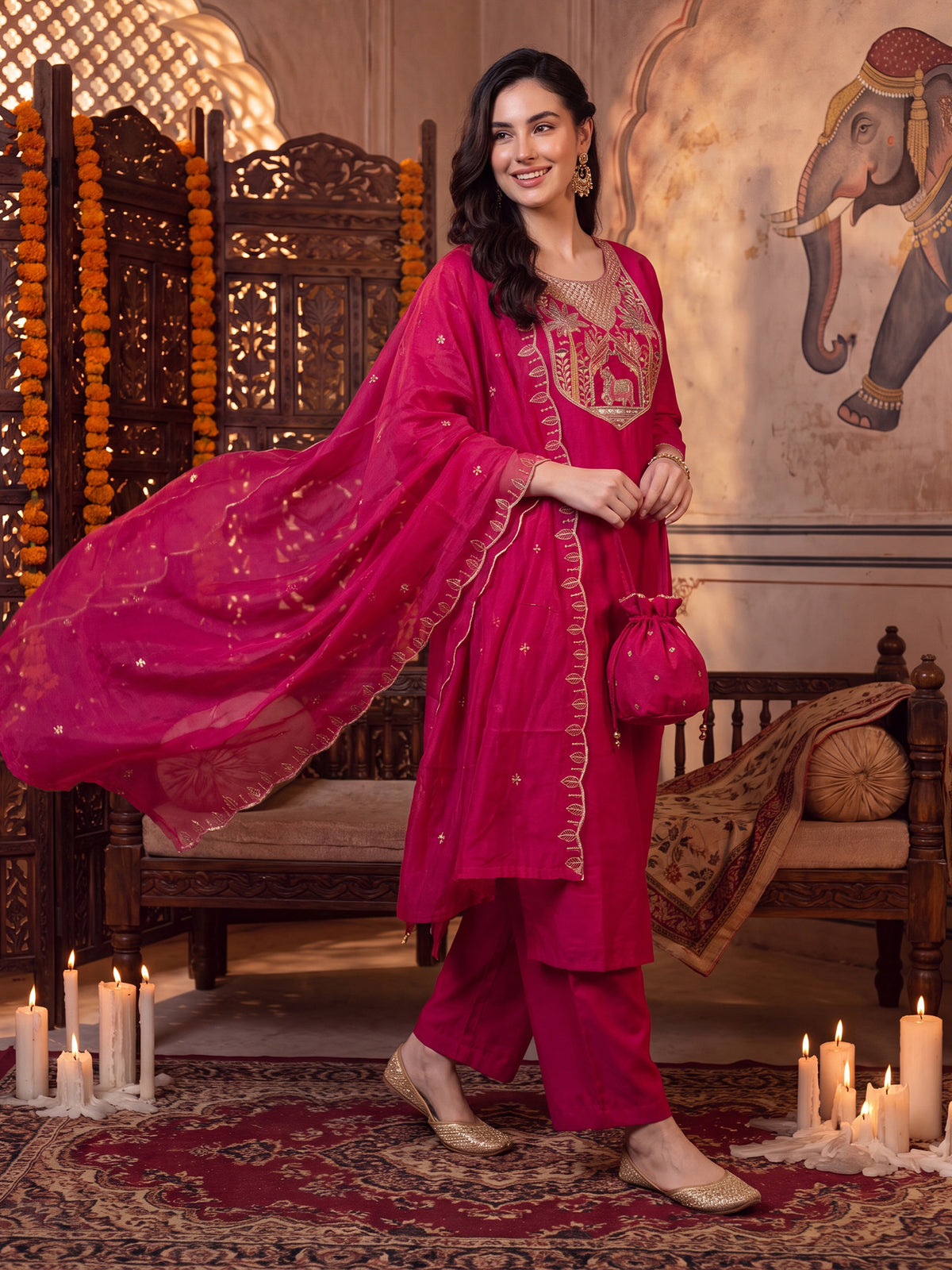 Pink Embroidered Straight Kurta Trousers With Dupatta Set-BB9KH603