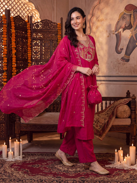 Pink Embroidered Straight Kurta Trousers With Dupatta Set-BB9KH603
