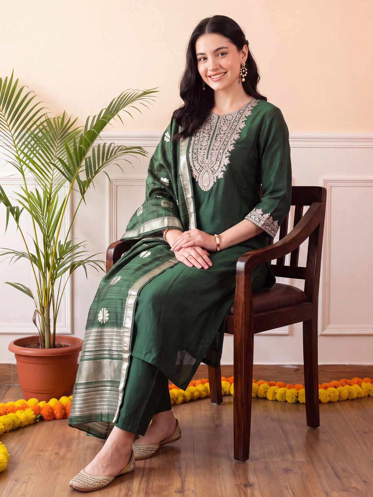 Green Embroidered Straight Kurta Trousers With Dupatta Set-BB1KH596