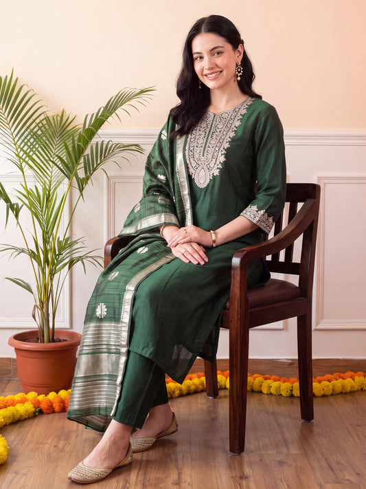 Green Embroidered Straight Kurta Trousers With Dupatta Set-BB1KH596