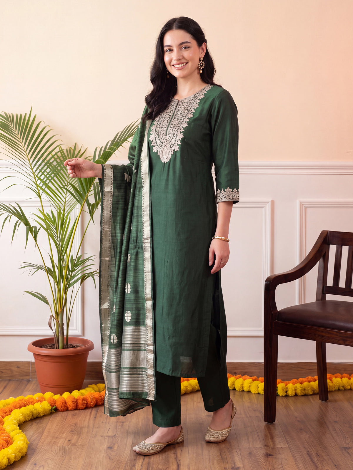 Green Embroidered Straight Kurta Trousers With Dupatta Set-BB1KH596