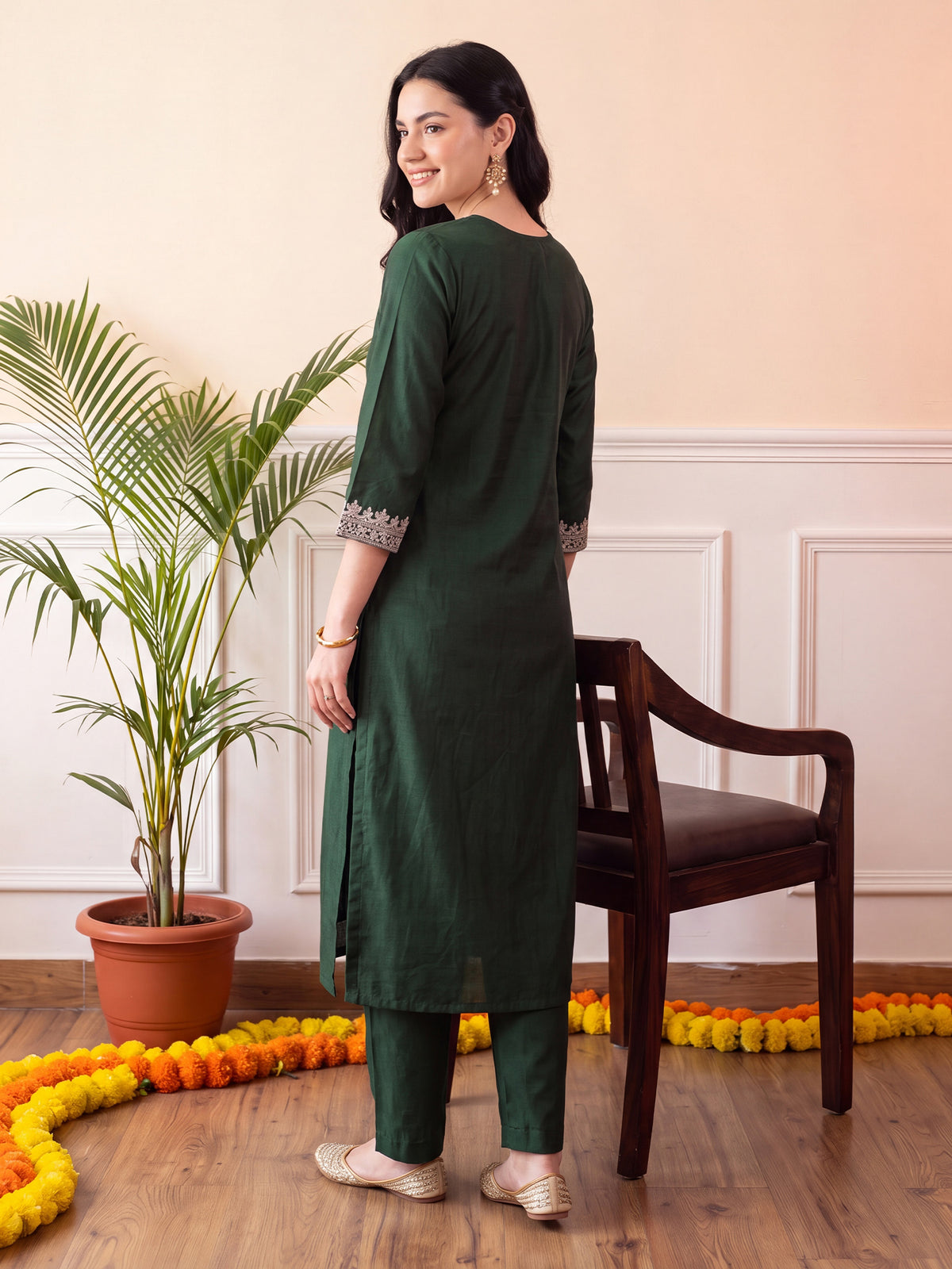 Green Embroidered Straight Kurta Trousers With Dupatta Set-BB1KH596