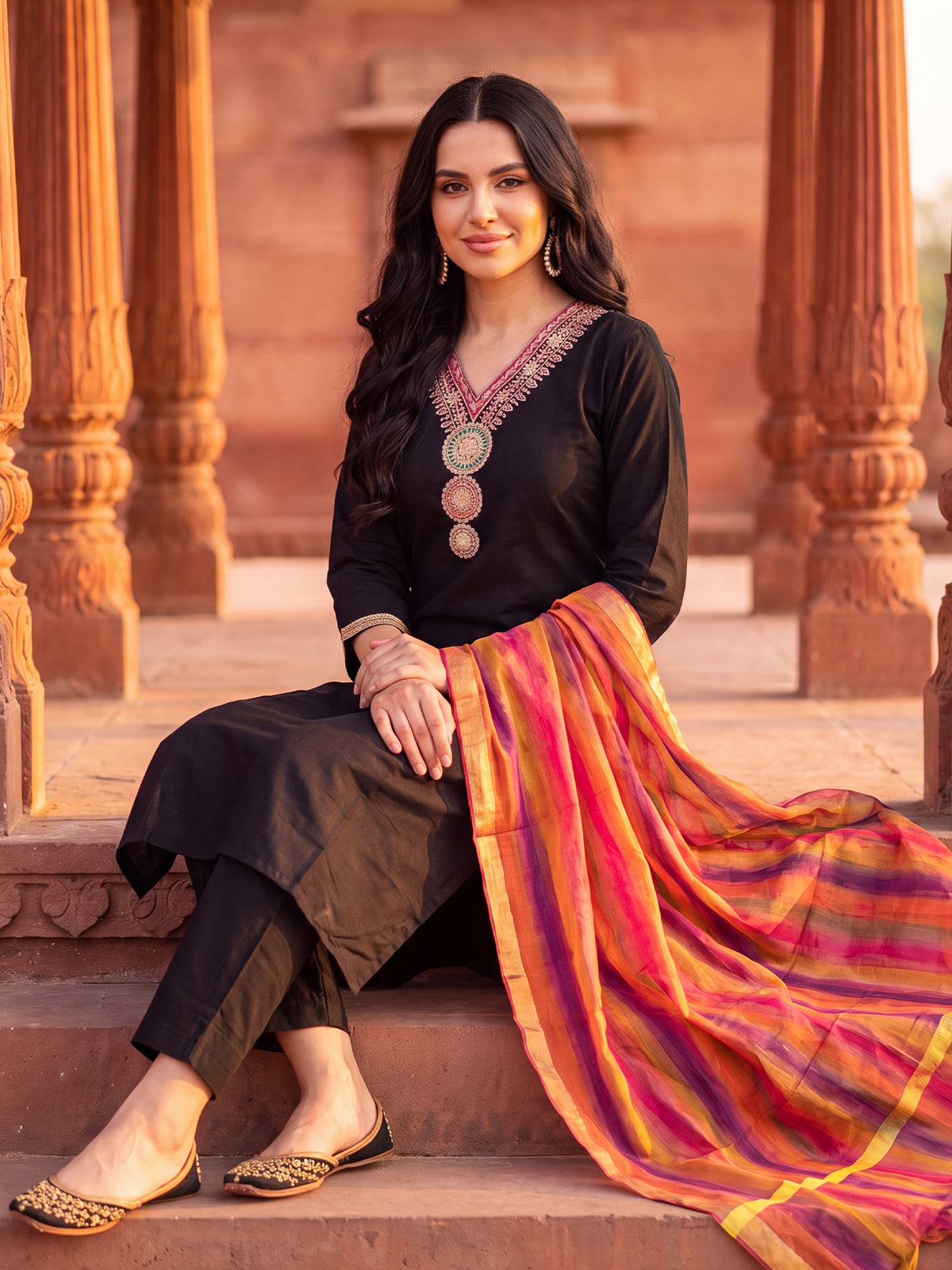 Black Embroidered Straight Kurta Trousers With Dupatta Set-BB9KH568