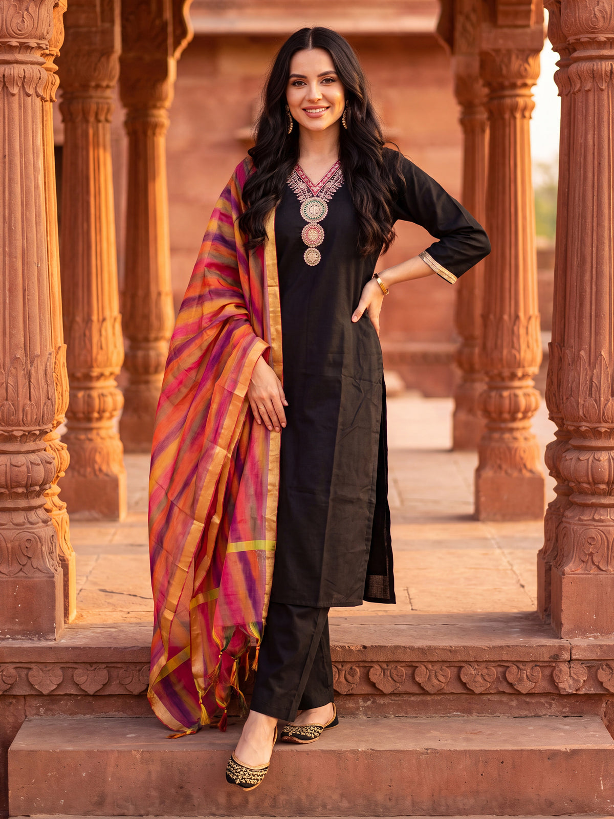 Black Embroidered Straight Kurta Trousers With Dupatta Set-BB9KH568